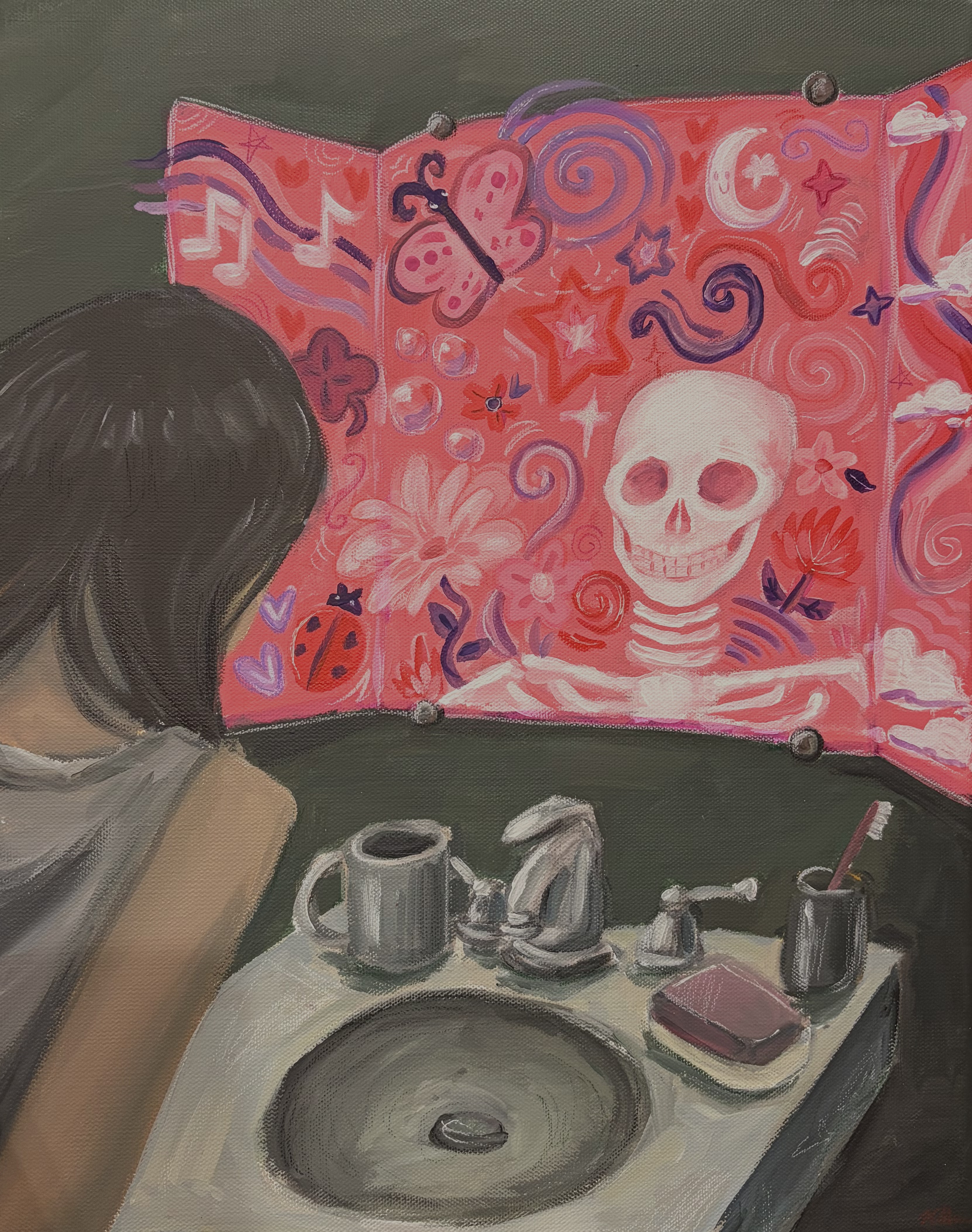 Whimsy of Life by Katherine Ahn, vibrant pink mirror with whimsical elements