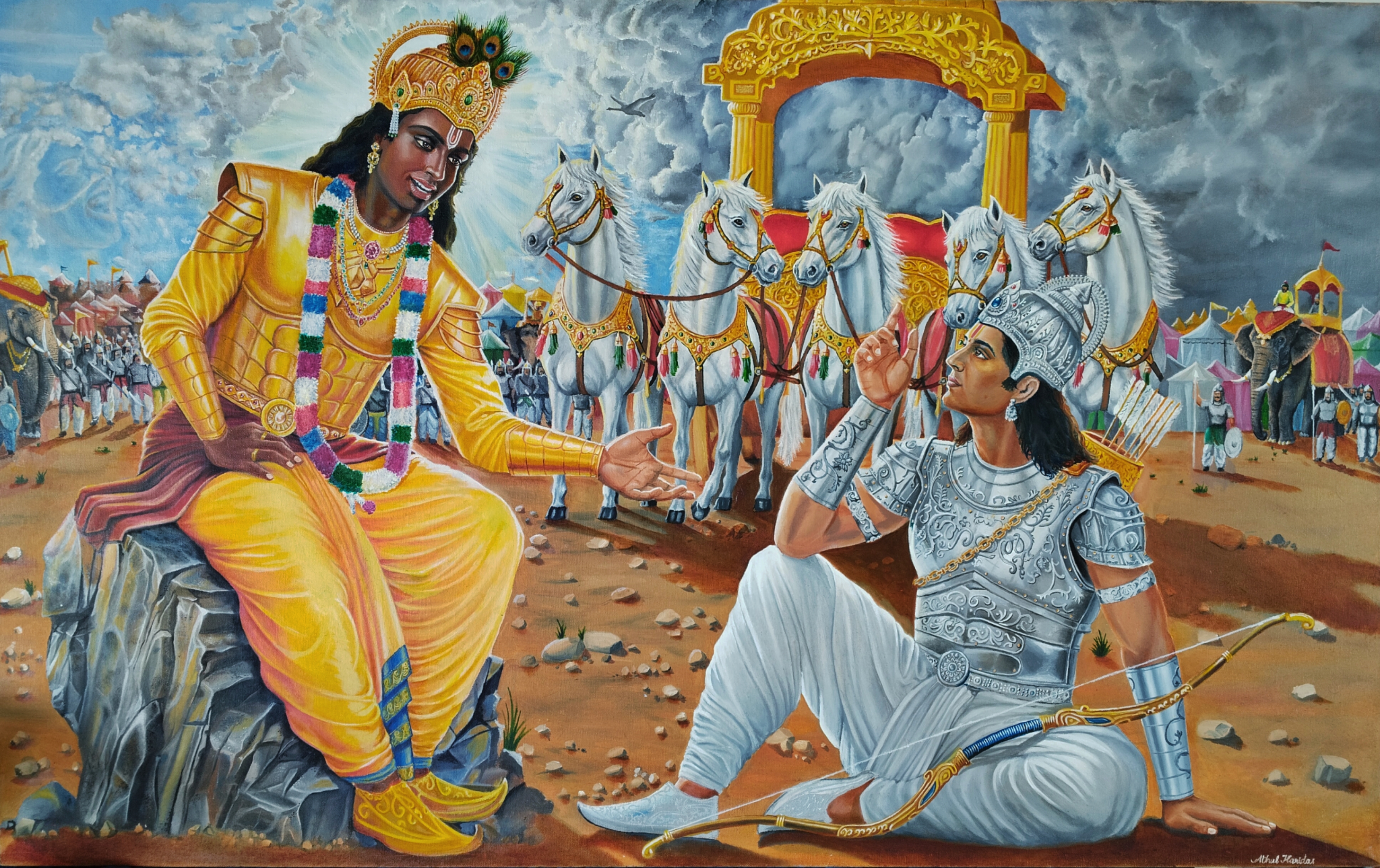 Arjuna Vishada Yogam by Athul Haridas, depicts Krishna and Arjuna in vibrant colors