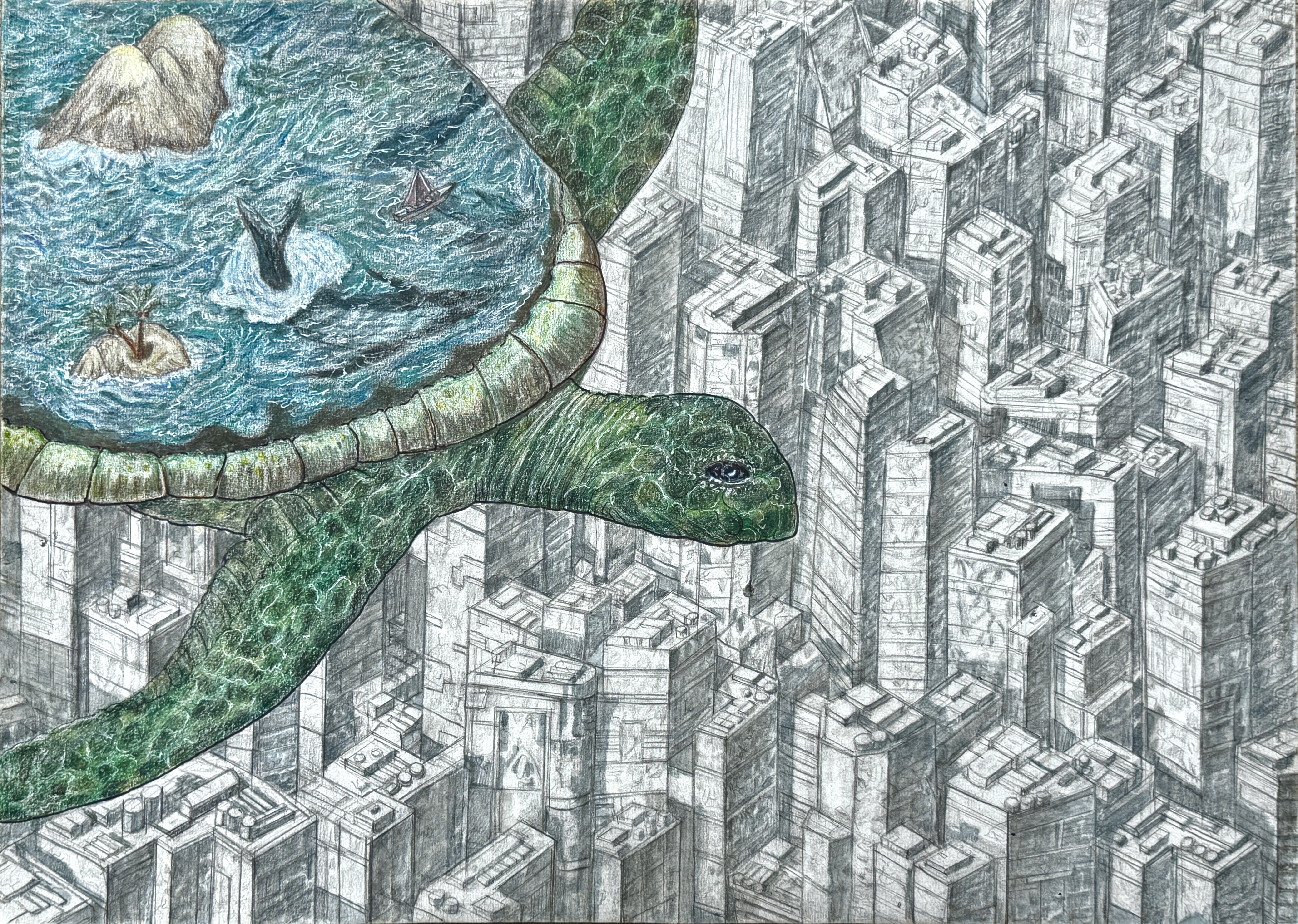 A Dreamland Above by Flora Zhao, turtle over cityscape with aquatic scene
