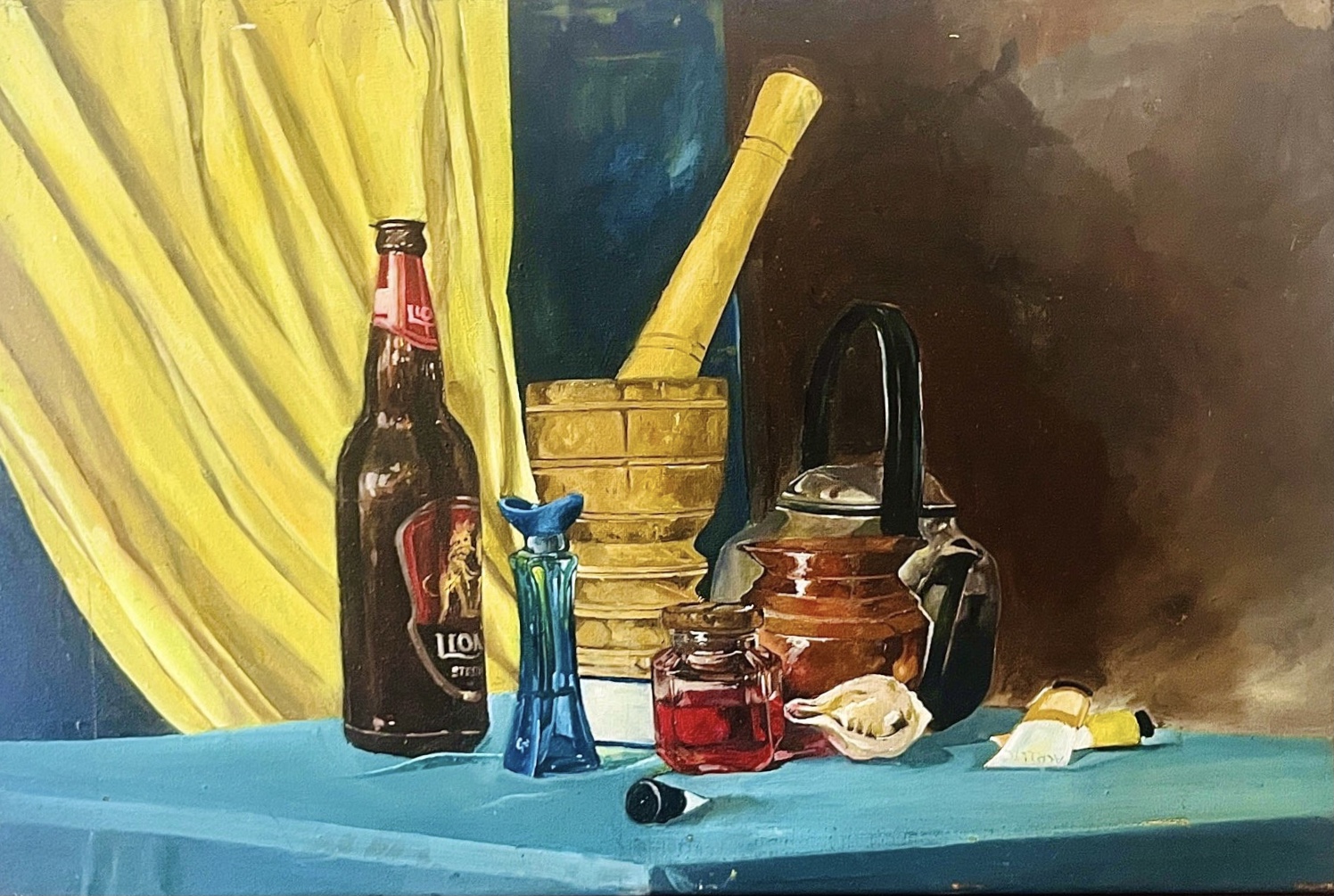 Still life composition ii by G. F Ifra doole, featuring a beer bottle and blue glass objects