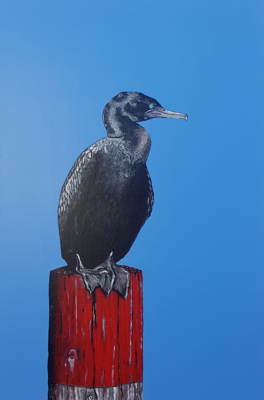 Destiny Cormorant on pole by Marelize Huysamen featuring a detailed cormorant on red pole