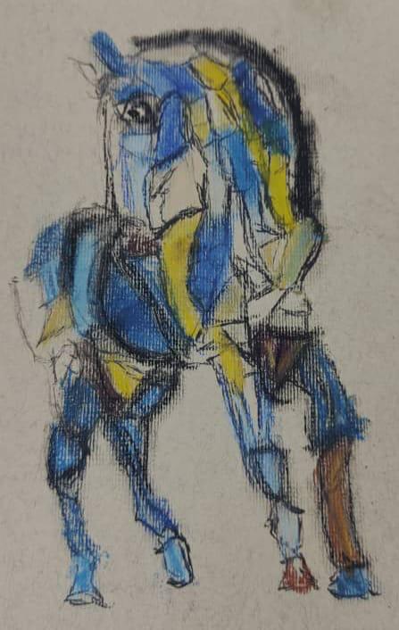 Lucky Horse by Ng Yi Shen, abstract horse in blue, yellow, black
