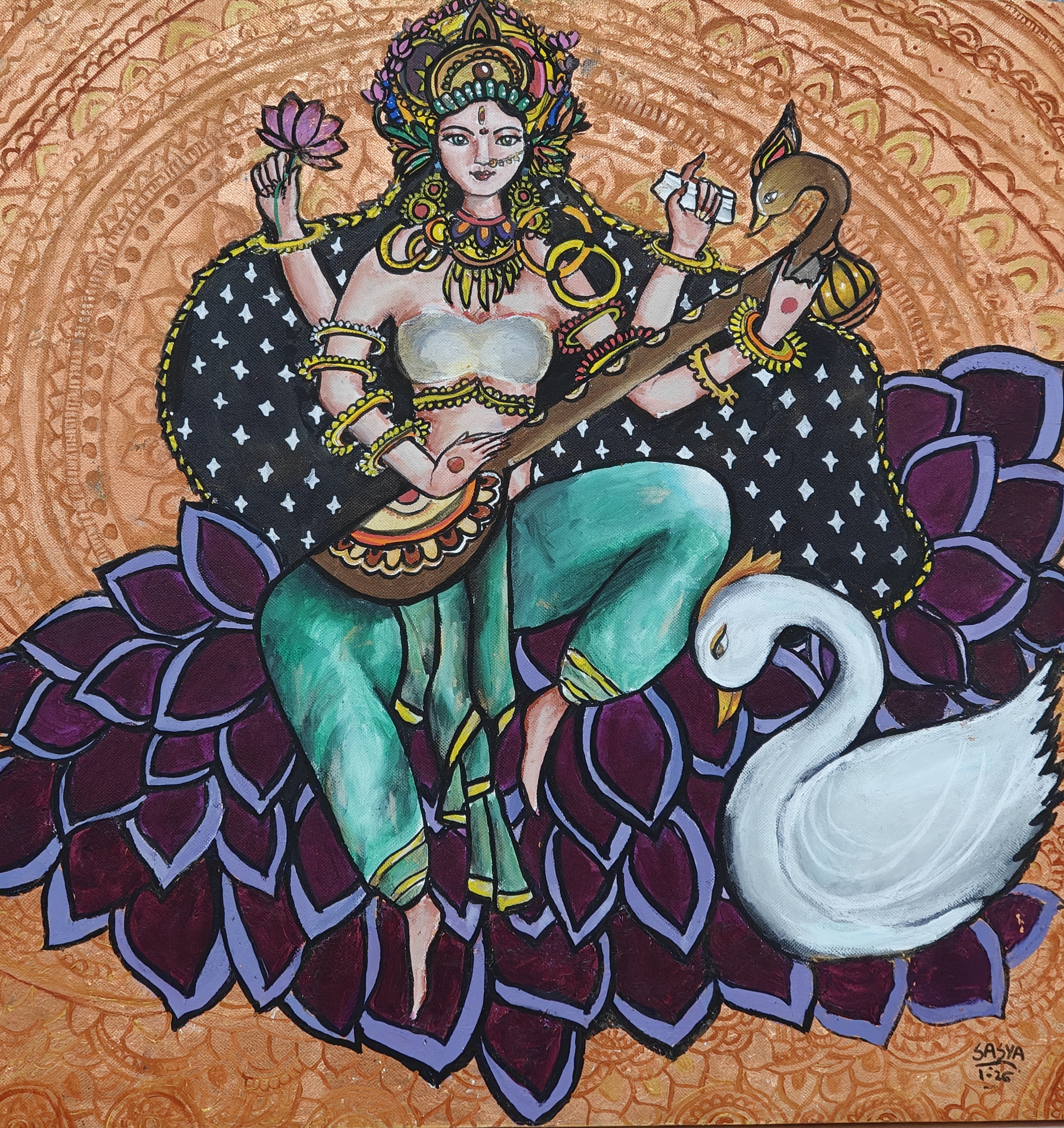 Saraswati: The Melody Of Wisdom by Sasya Pargi, goddess with multiple arms holding lotus and veena