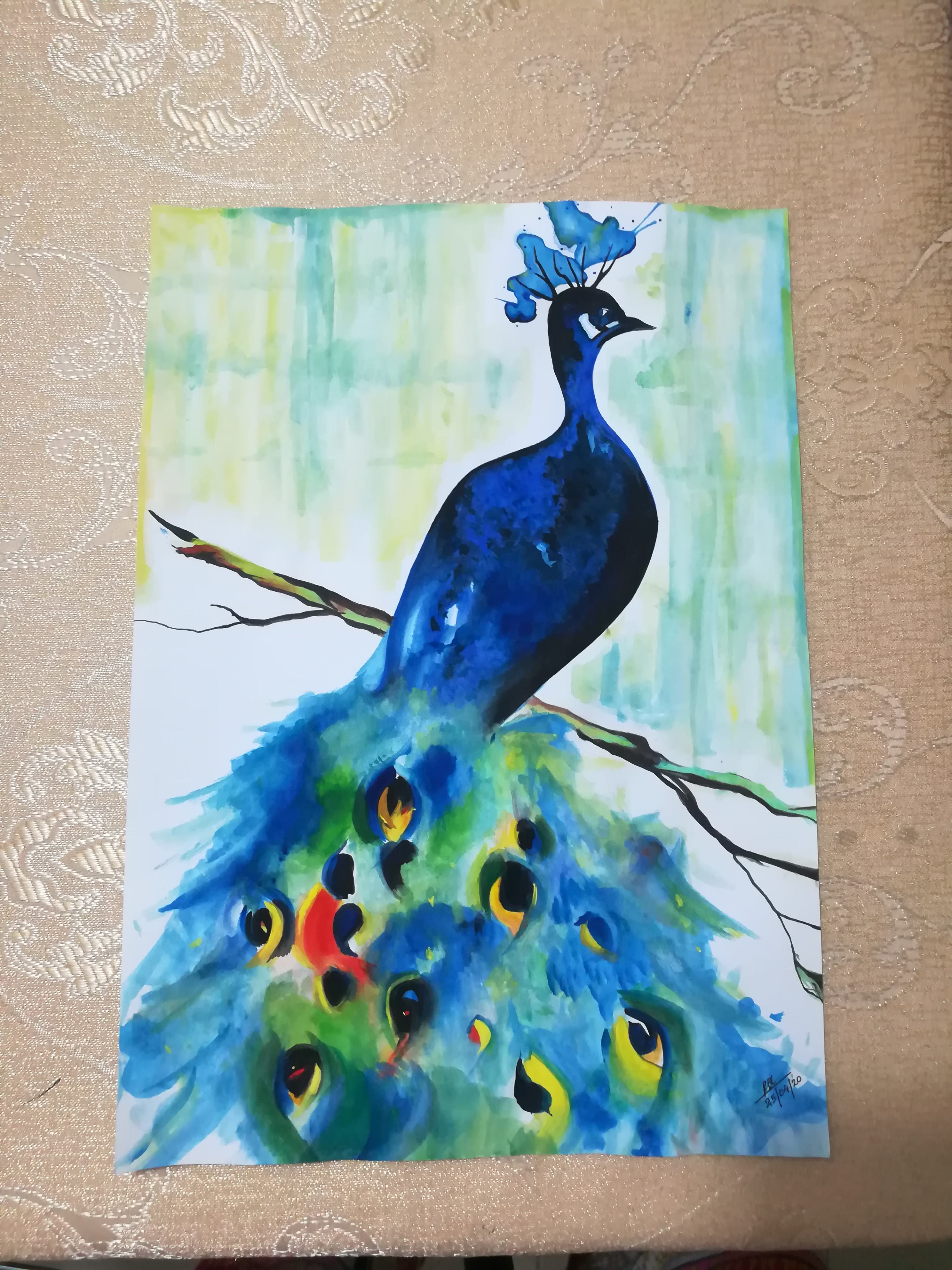 Peacock by Rakshanaa Rajanathan, vibrant blue peacock on a branch