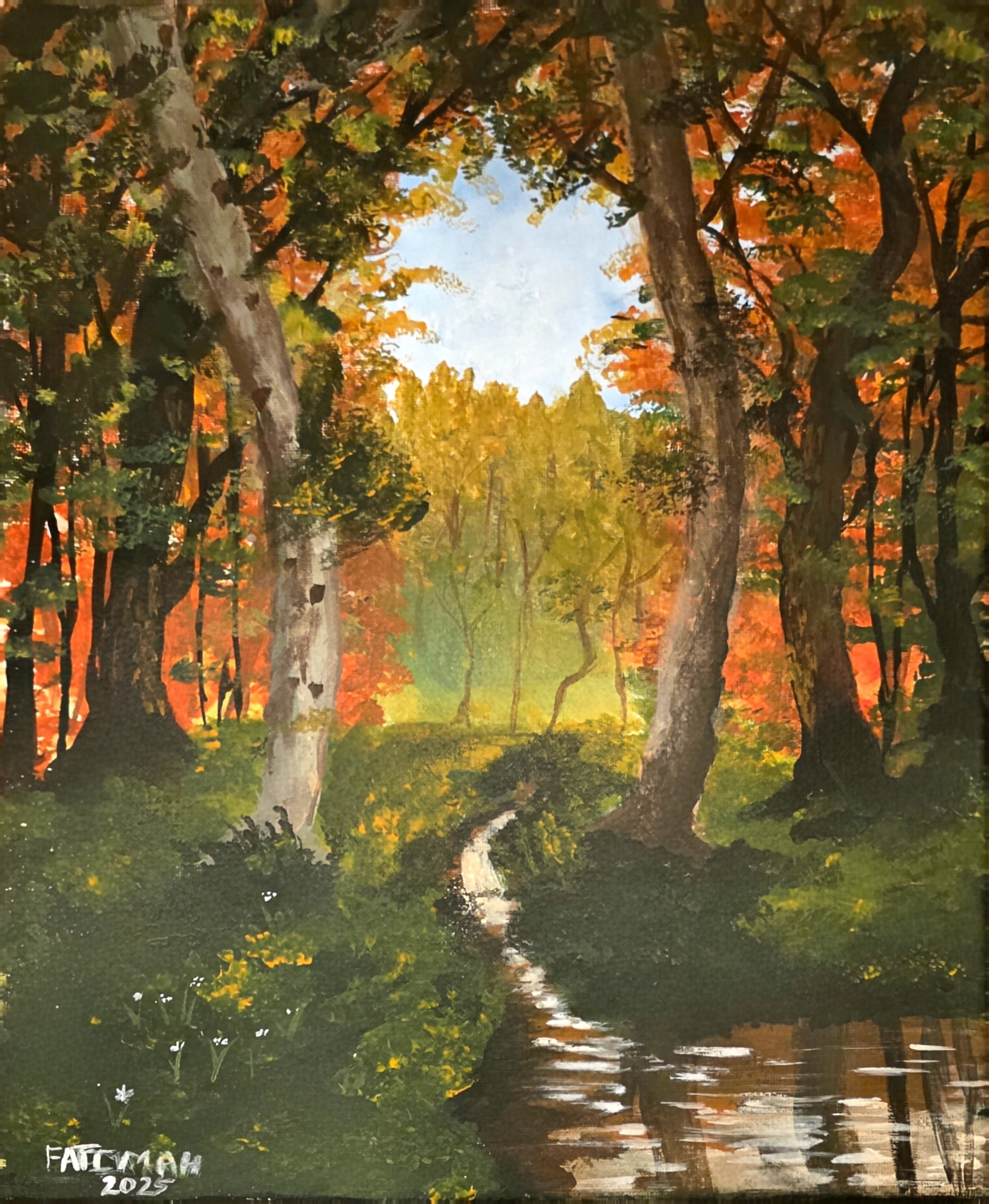 Autumn's Whisper by Fatimah Faisal, serene forest scene with colorful autumn leaves