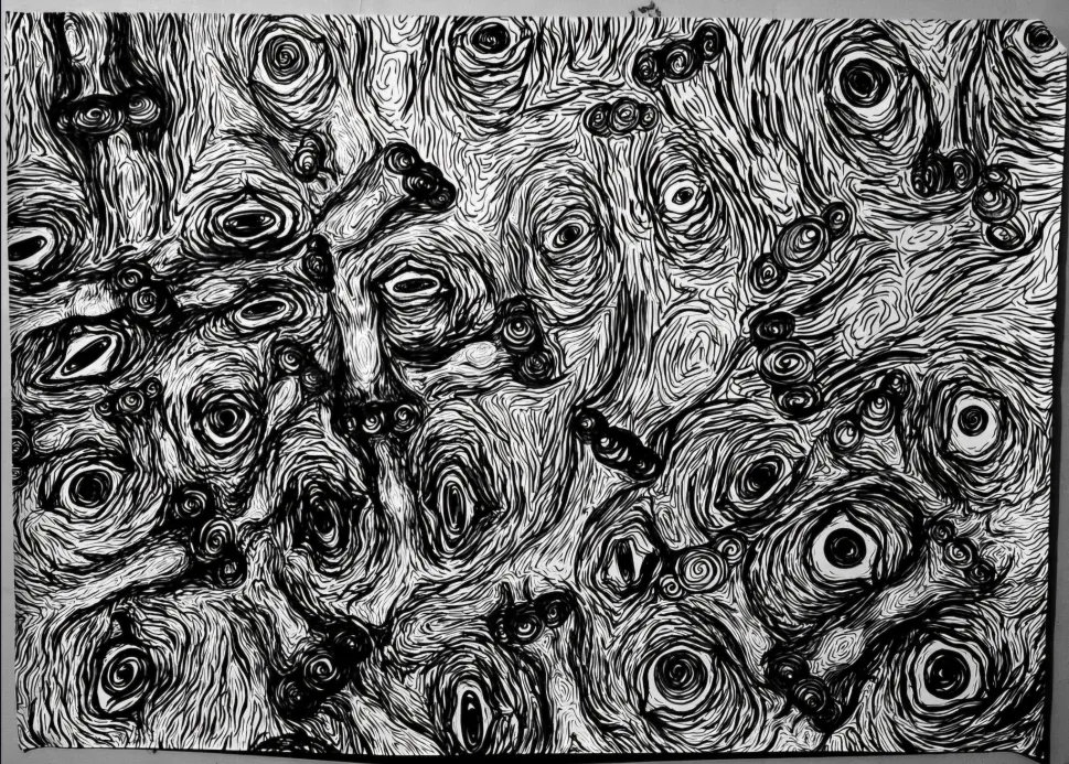 ⊙.⊙ by Eli Fisher featuring black and white swirling patterns and eye-like shapes