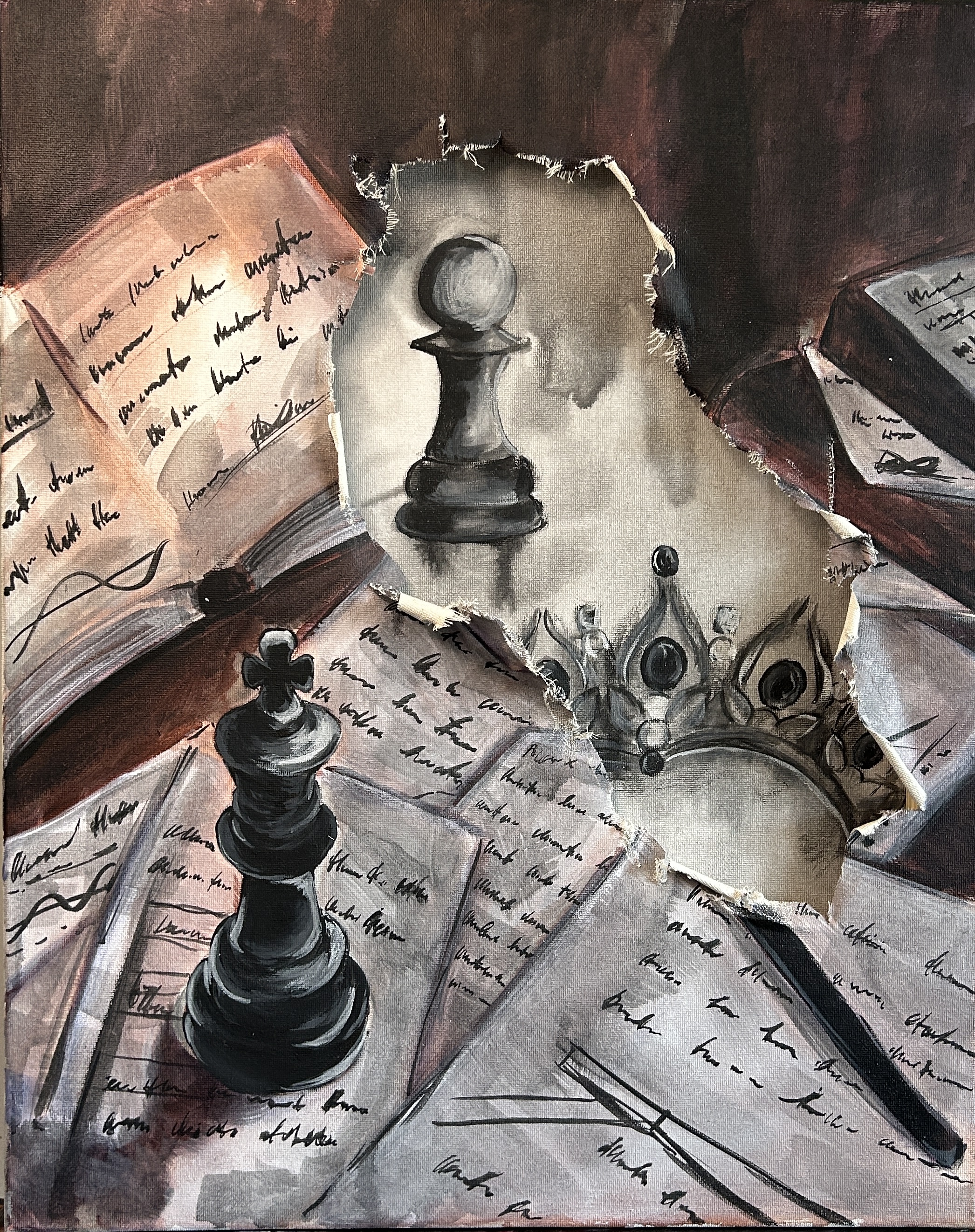 "The Spectator" by Oba - torn paper effect with chess pawn and crown