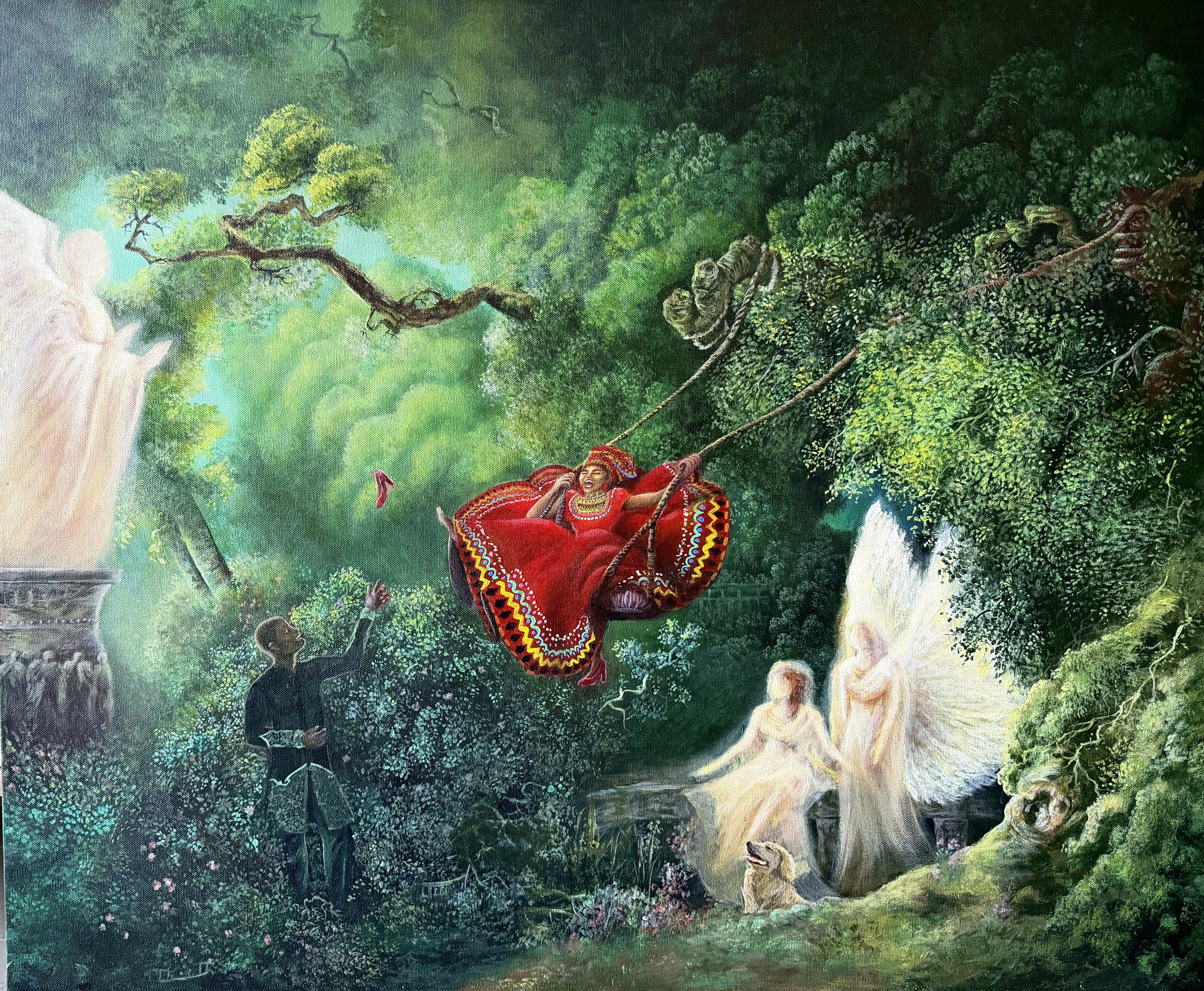 Fullness of Joy by Natalie Fay, a figure in a bright red dress swings through a lush forest