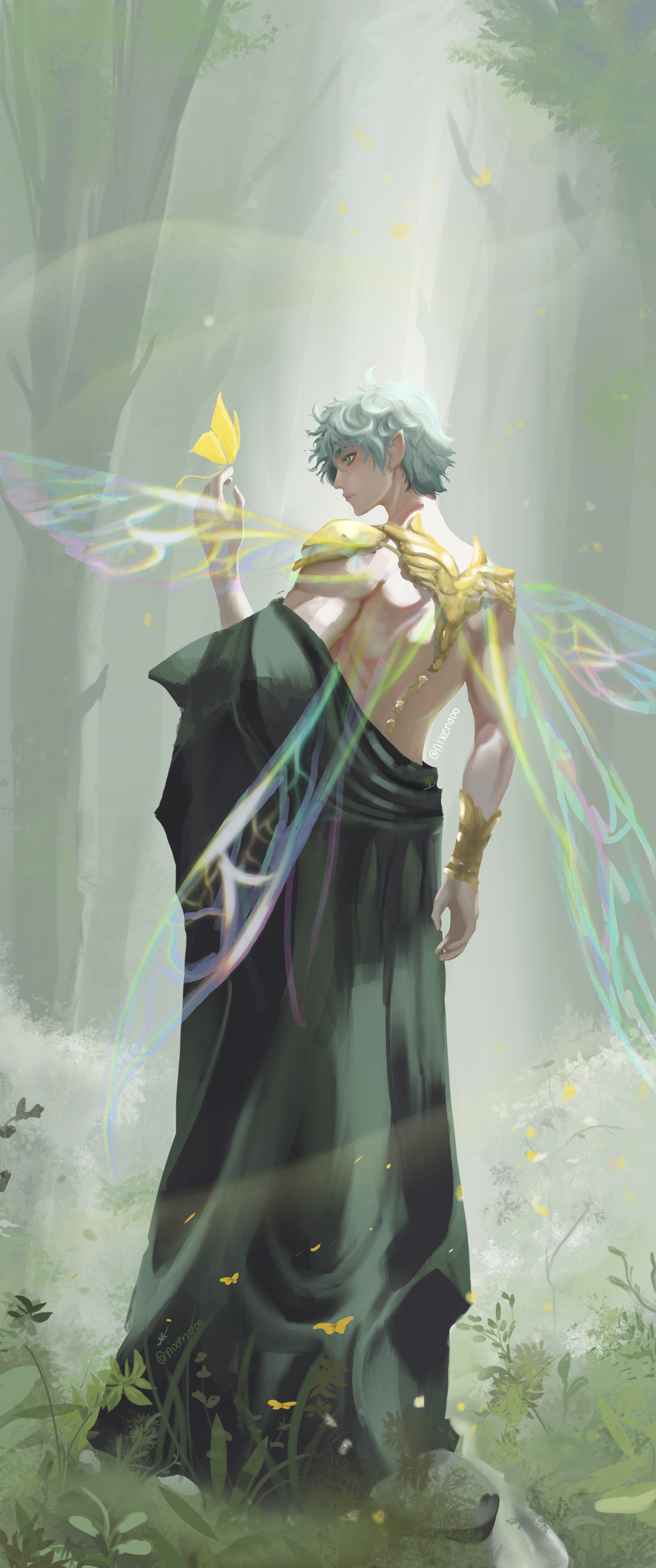 Faeling by Nicole Marneweck, serene mystical forest scene with figure in golden attire
