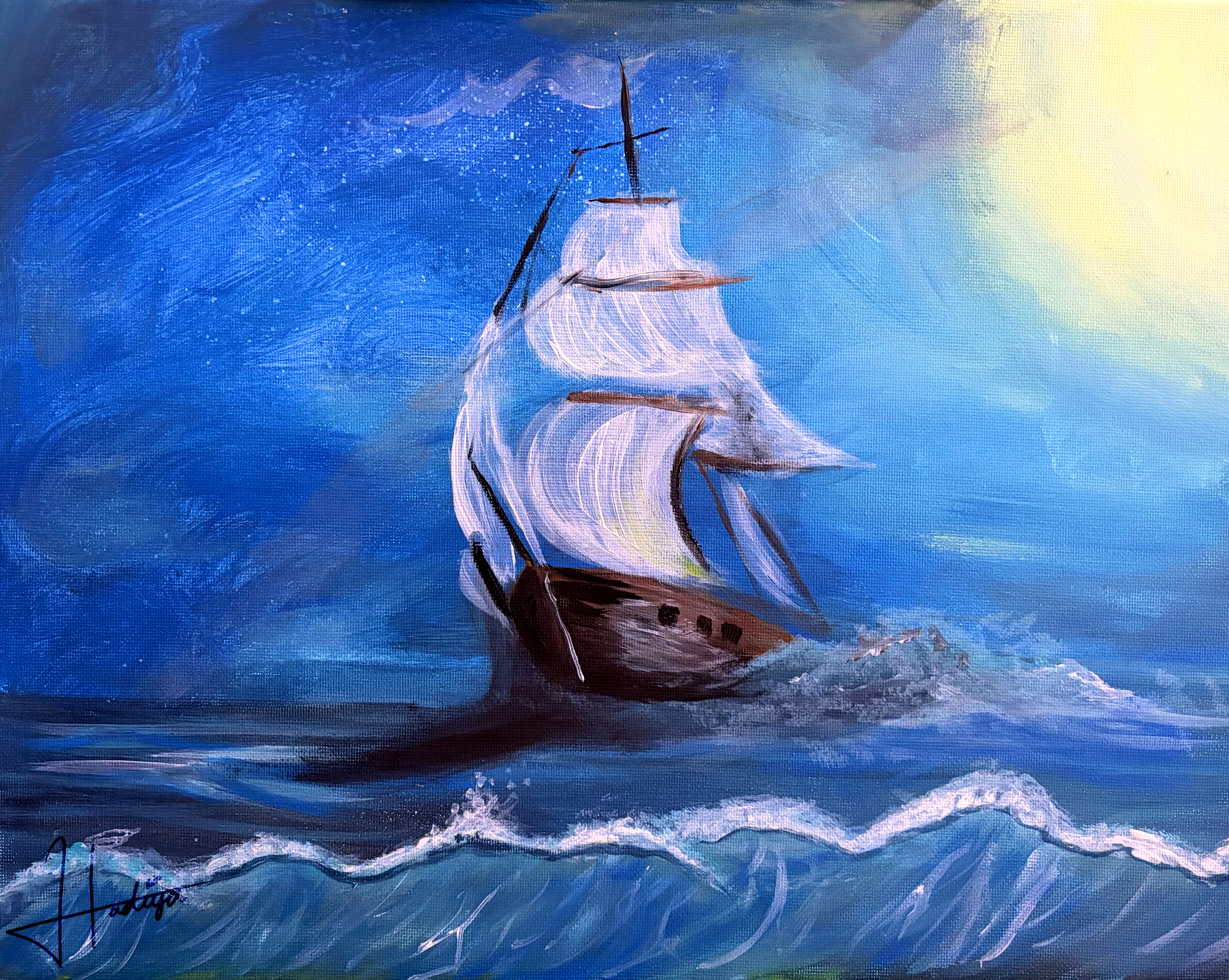 The wild sea by Syeda Hadiya Arif, ship navigating turbulent dawn sea