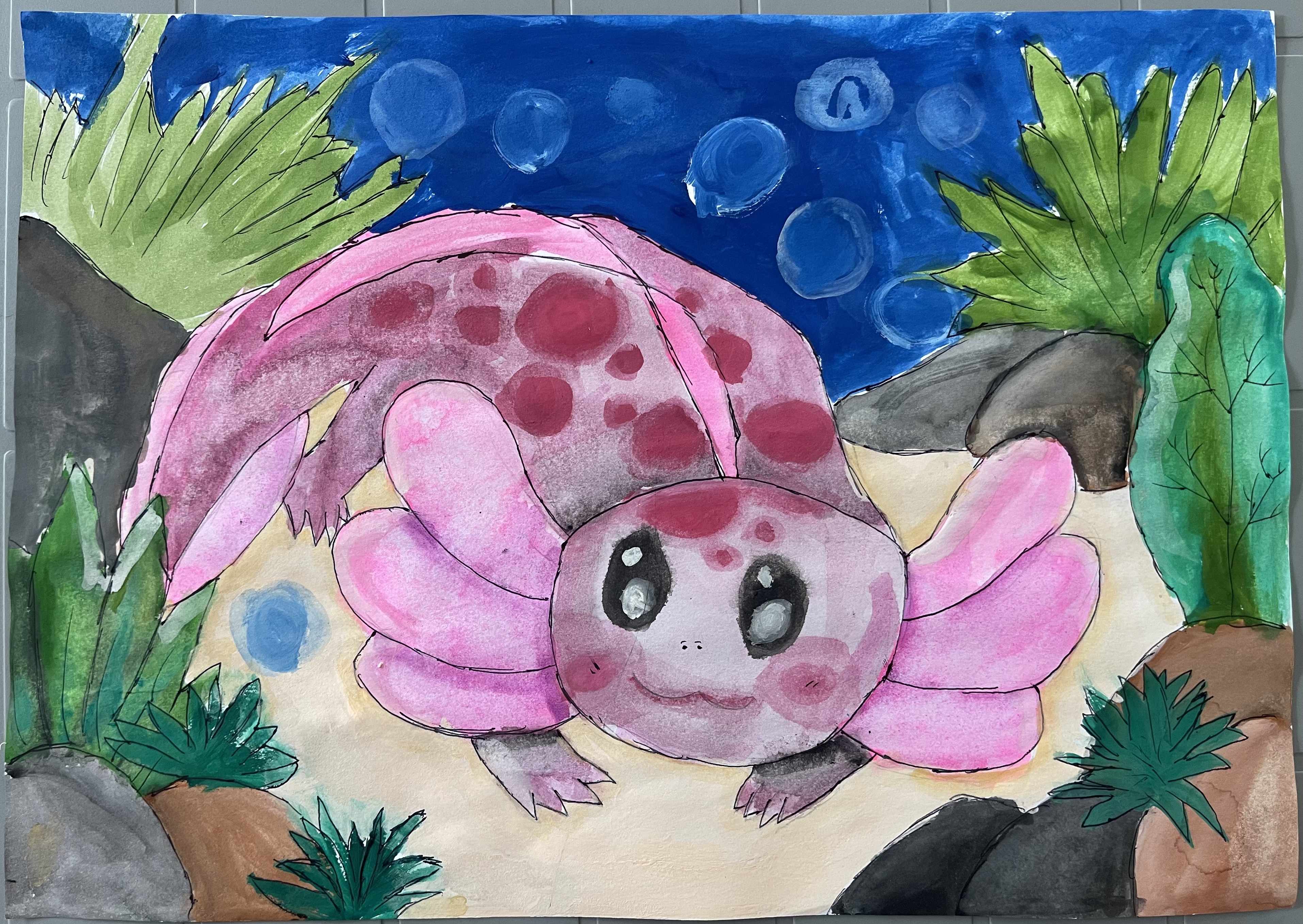The Cute Axolotl by Natharee Dharmadasa, watercolor axolotl in pond