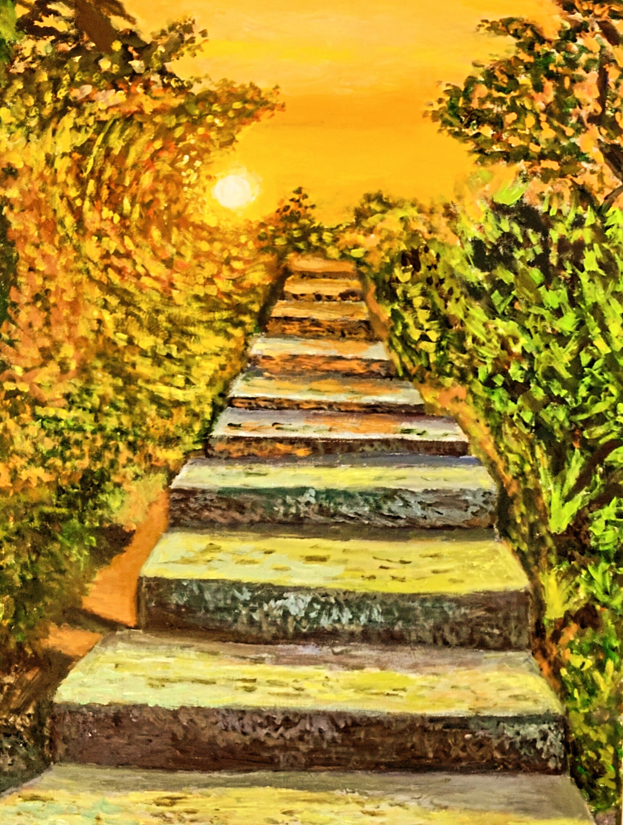 Steps to Enlightenment and Recovery by Han Meizhen, Sabrina, showing a stone path leading to a glowing sun