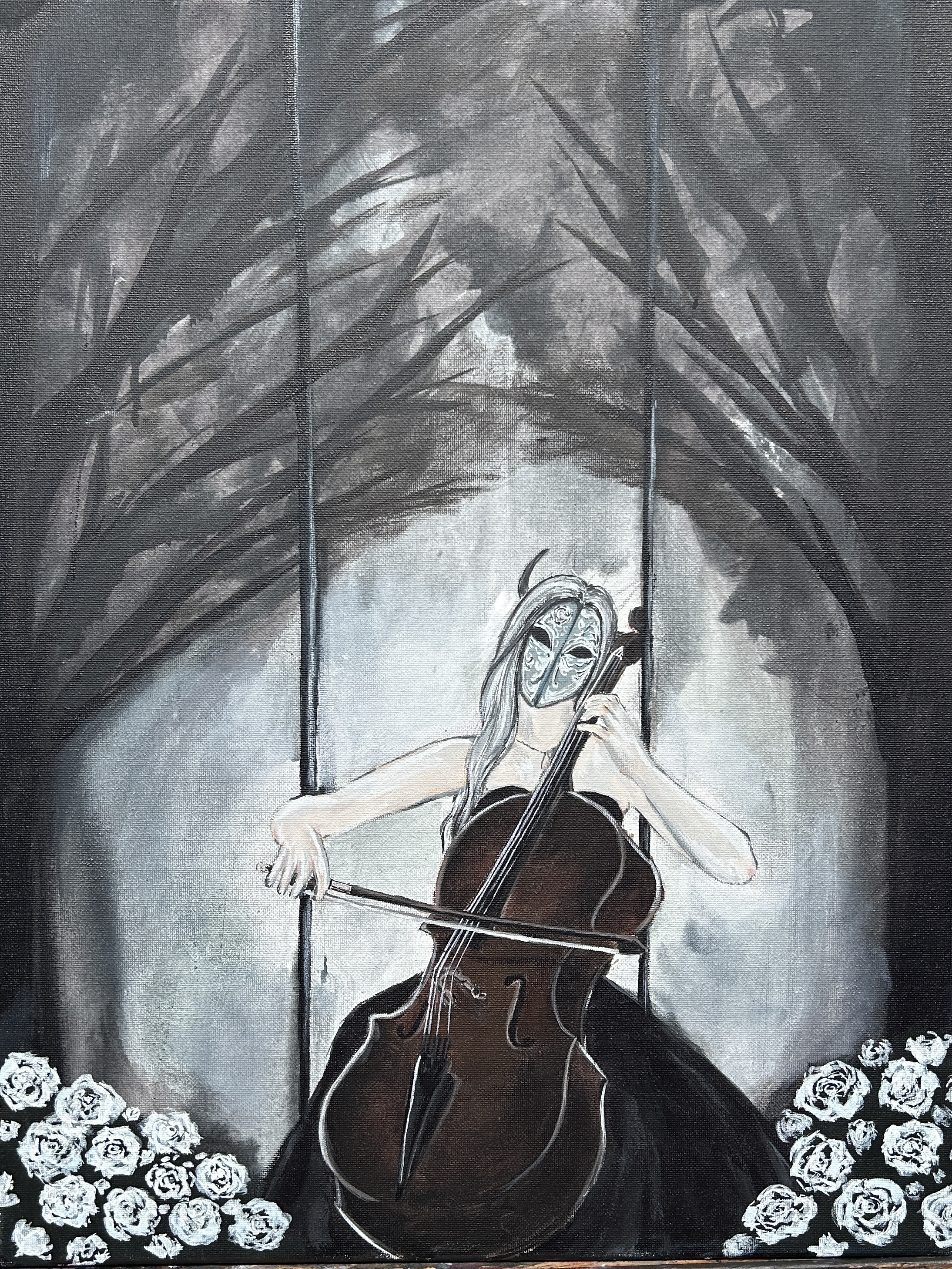 The Sound of Loneliness by Oba Ogundele, a masked cellist among white roses