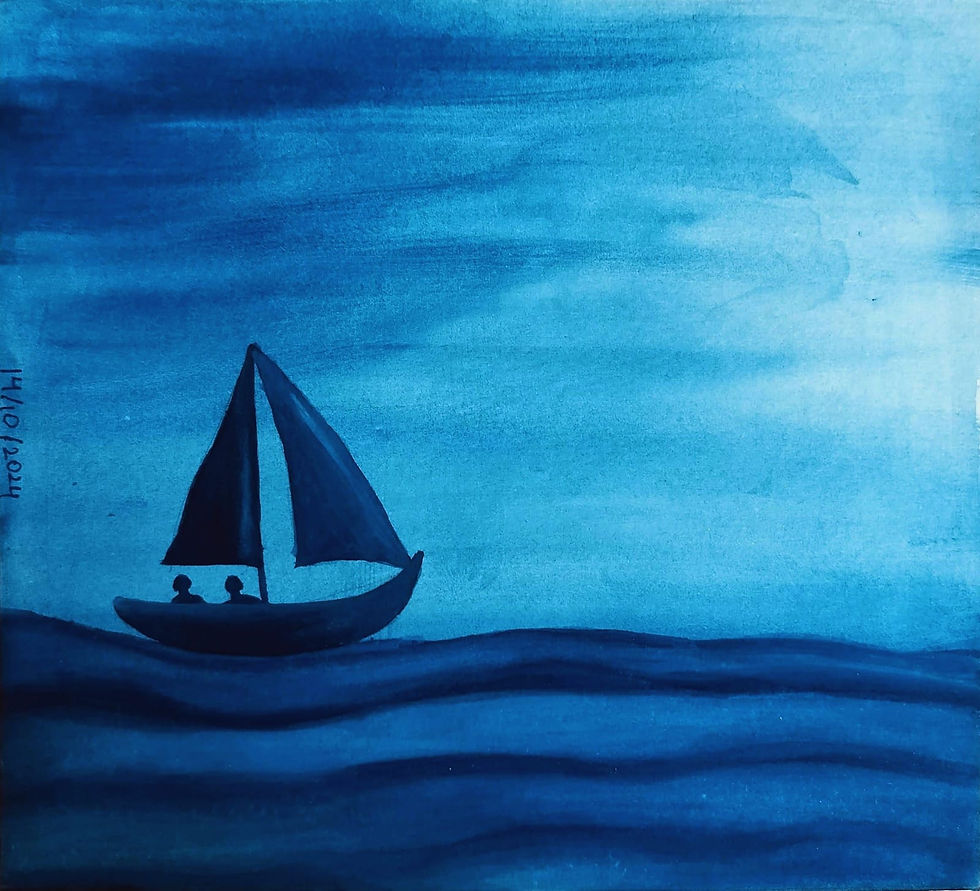 Caption Of Artwork: This monochromatic painting reflects a couple’s journey through life.