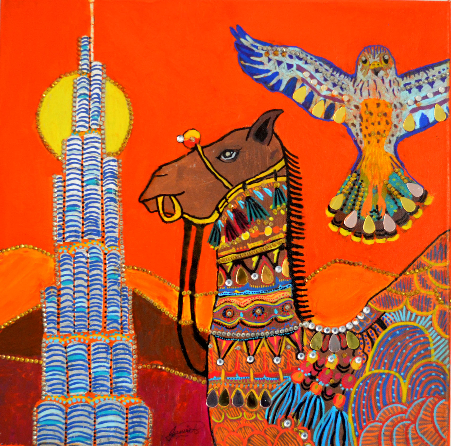 The icons of UAE by Jamie Alex Alvares, featuring a vibrant camel and Burj Khalifa silhouette