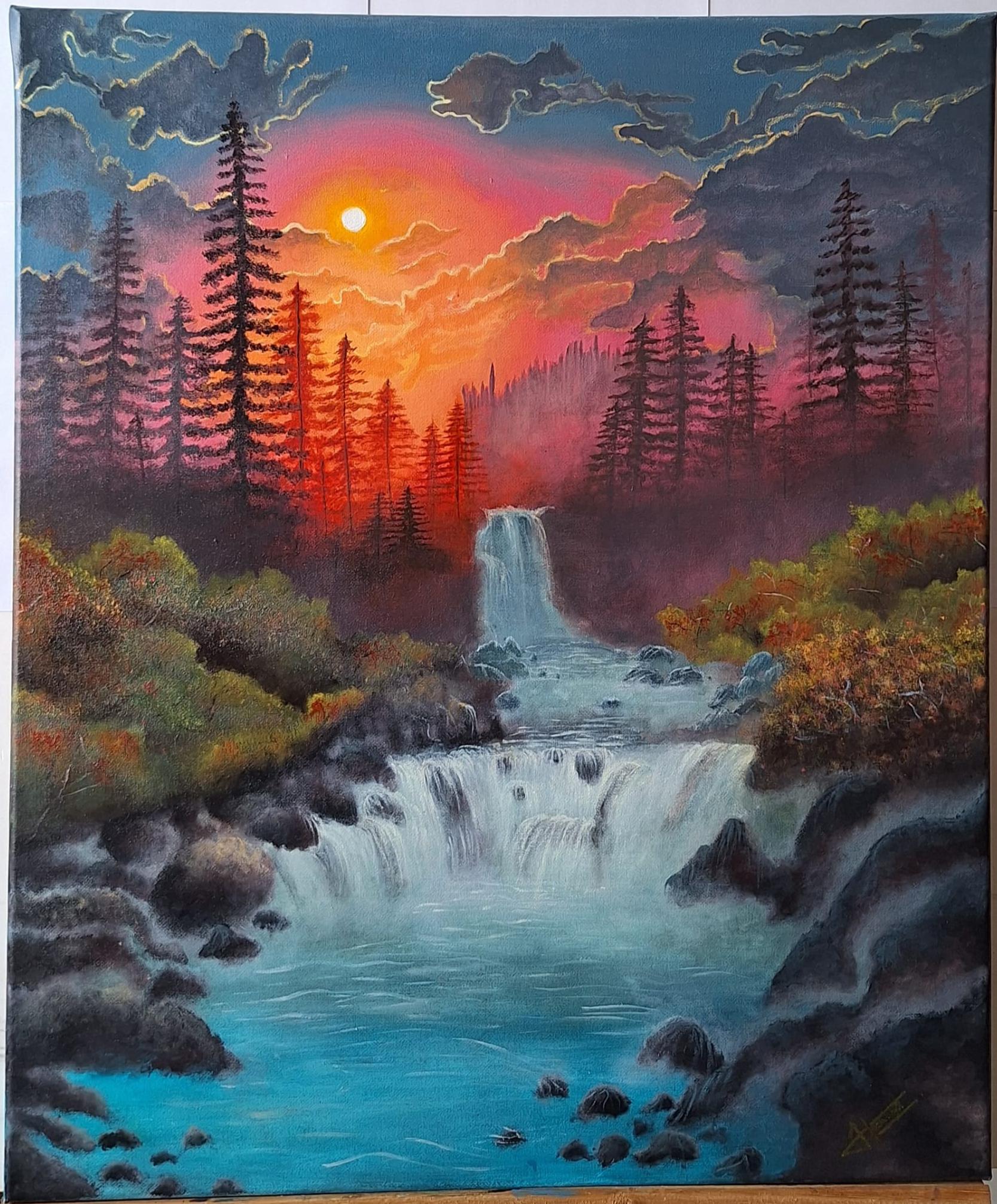 Emberglow Falls by Hanshika Raevynn Hudson leo, vibrant waterfall landscape