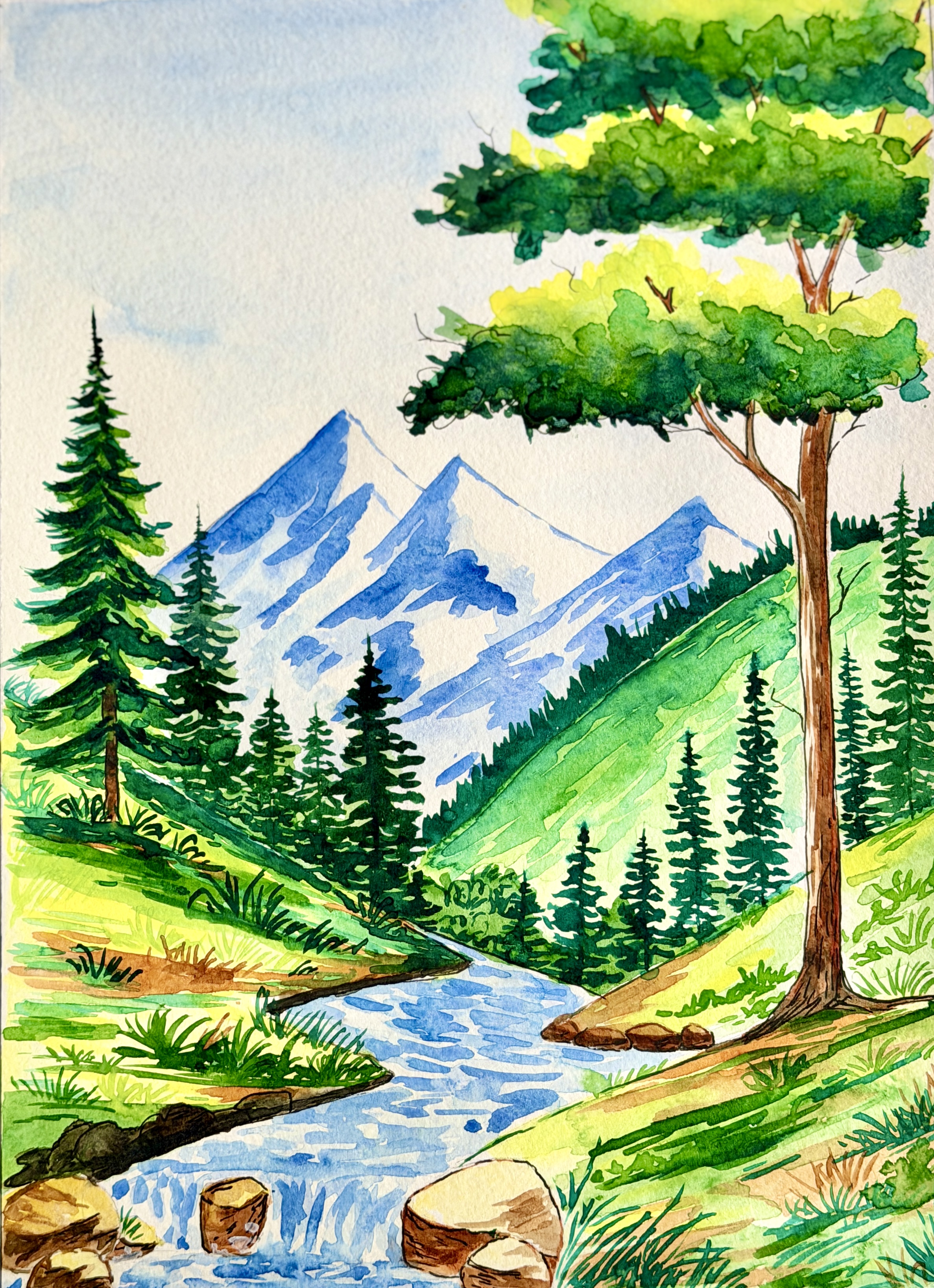 The Brightness of Life by Rakin Azad, vibrant landscape of a clear river and lush trees