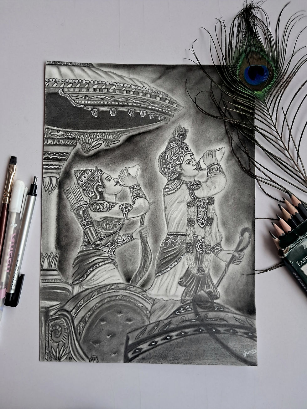 Caption Of Artwork: When art becomes prayer, Krishna and Arjuna at Kurukshetra