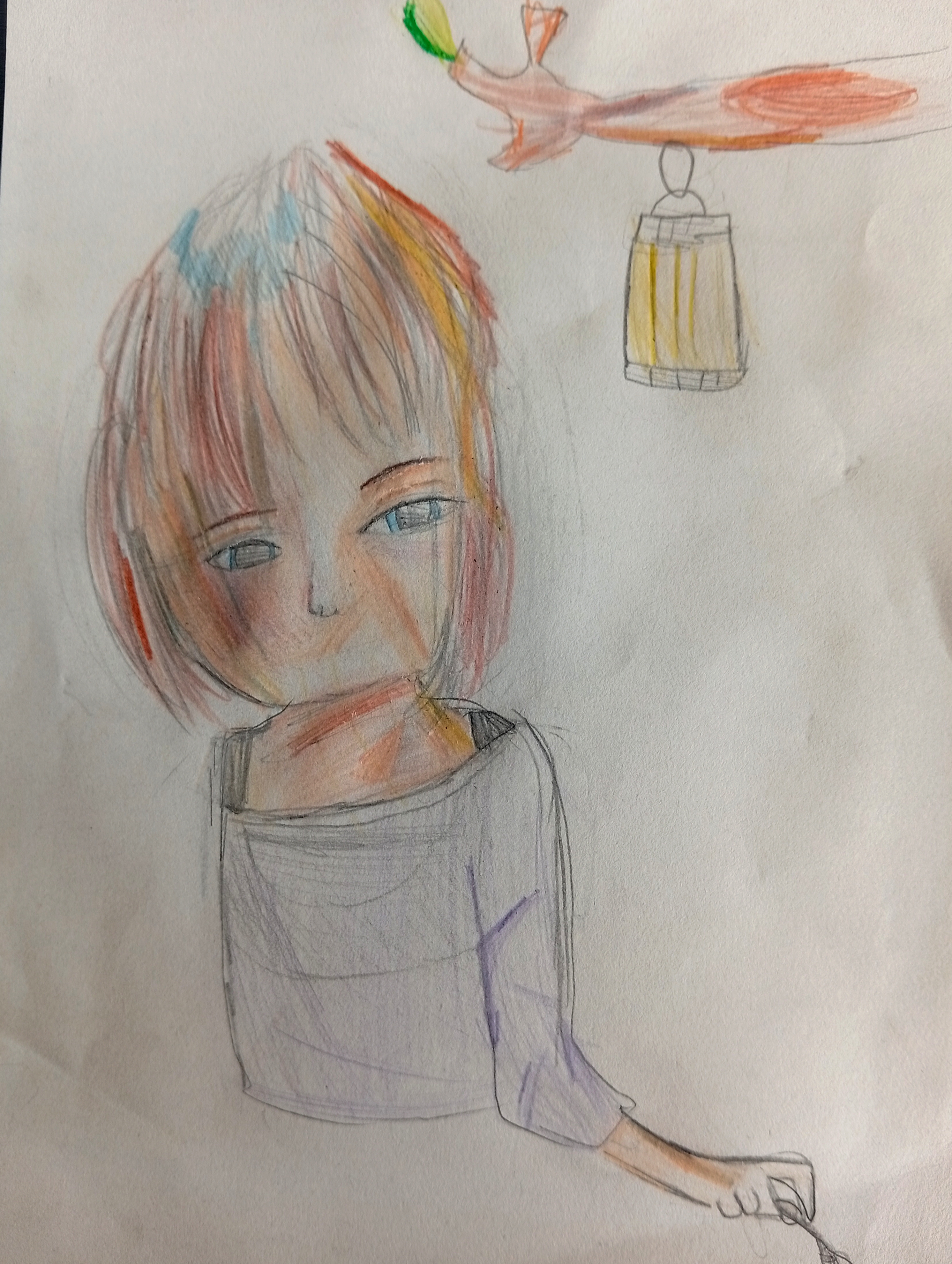 Cageless dream by Ellie Theron, a color pencil portrait with multi-shaded hair and a serene expression