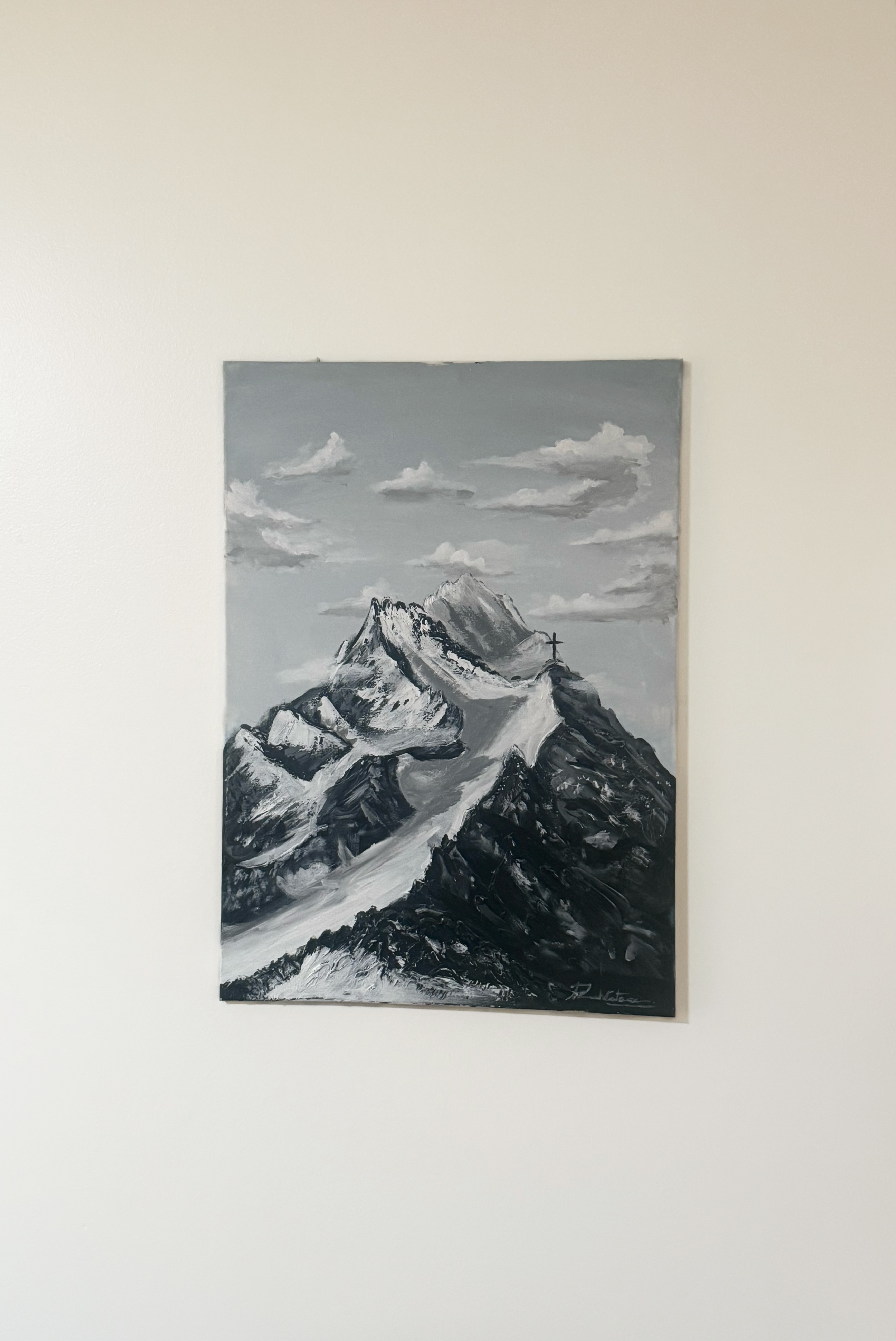 Snowy mountain by Ruan Coetzee - towering snow-covered mountain under gray sky