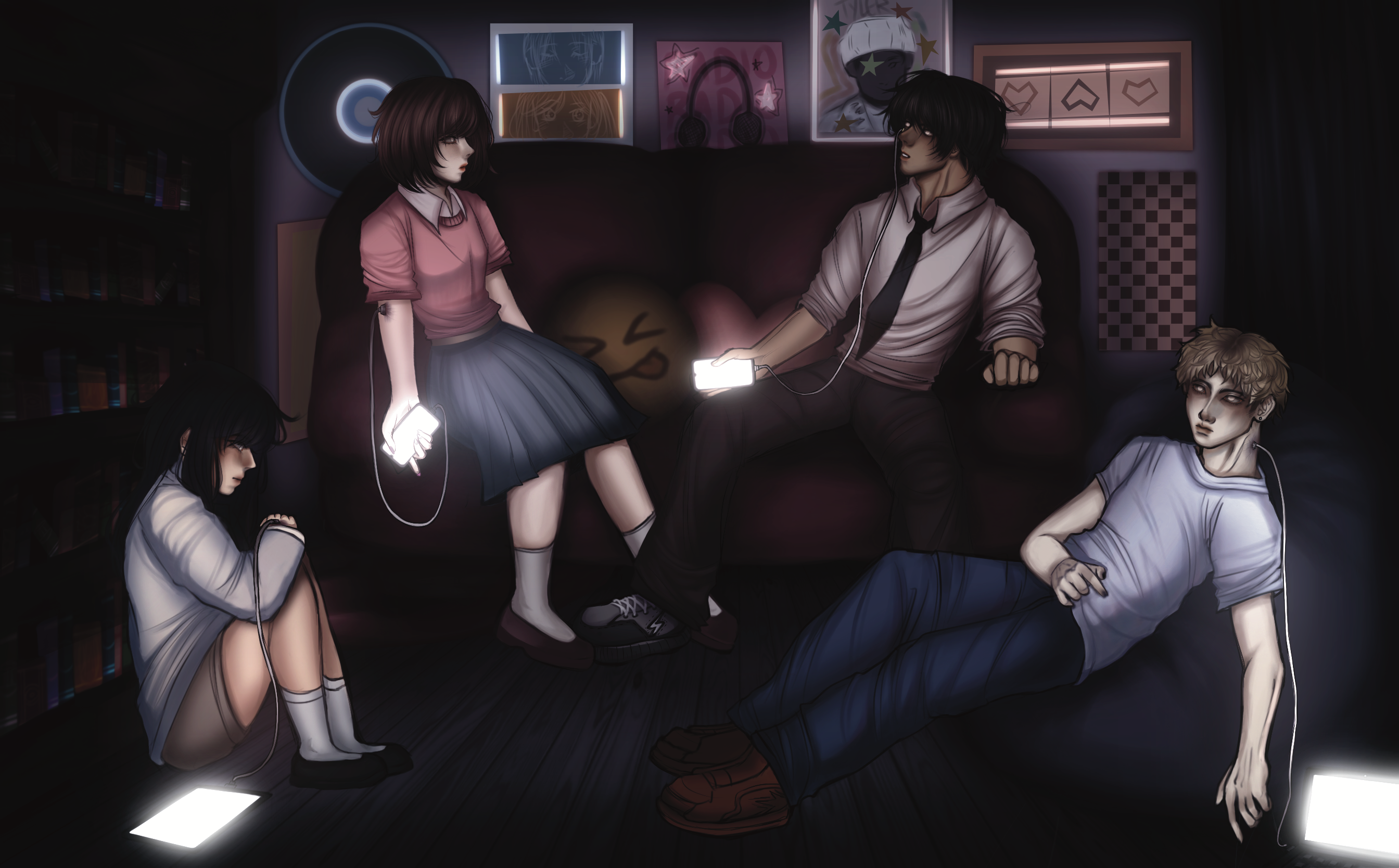 DIS-connected by vretika, four individuals in dim room with tech devices