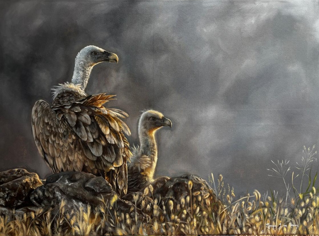 Journey of the Vultures by Monique Jansen van Rensburg, depicting vultures on rocky outcrop