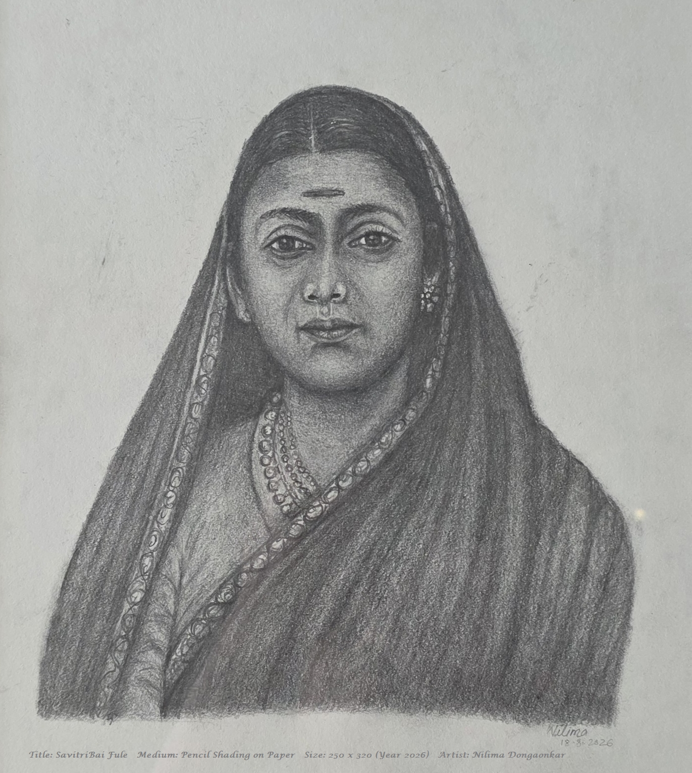 SavitriBai Fule by Nilima Dongaonkar, pencil shading portrait of a woman in traditional attire