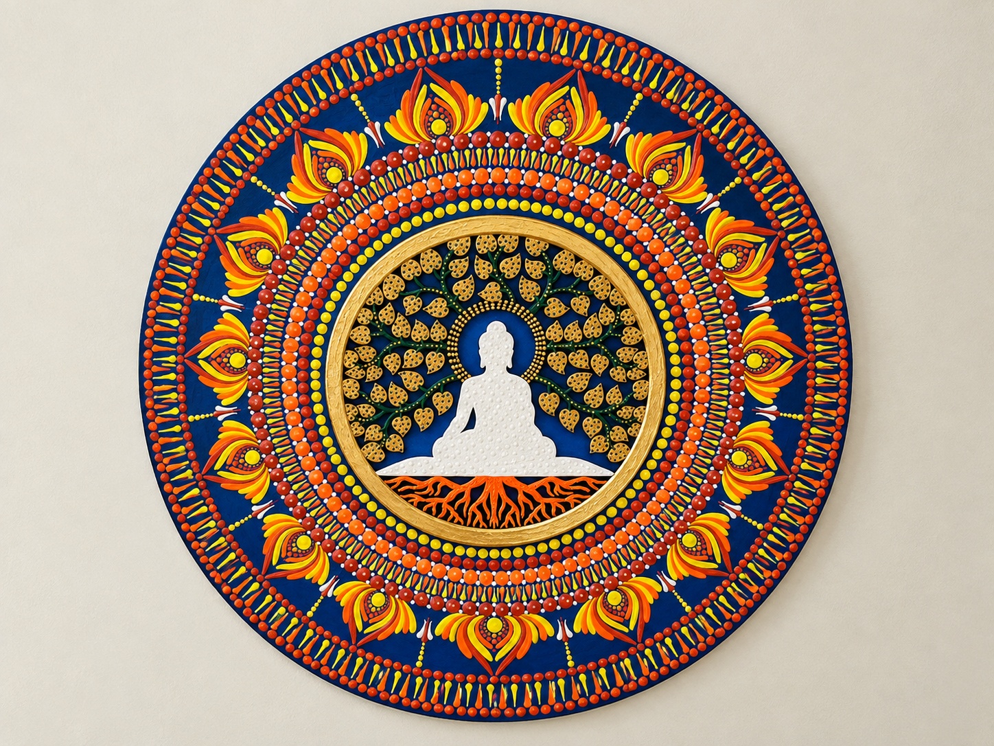 Dot mandala art by Sandhya Mithun featuring a circular mandala with a seated figure