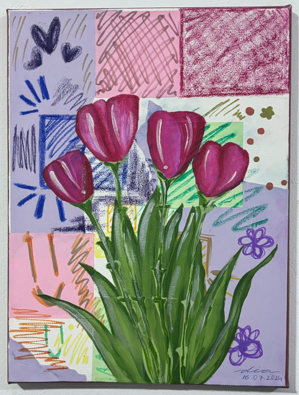 A peak into childhood. by Dia Rajmohan, vibrant tulips in colorful patterned background