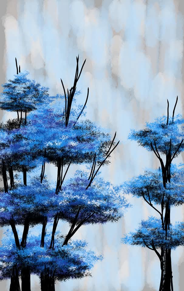 Digital Artwork by Thilanka Senanayake featuring trees with vivid blue foliage