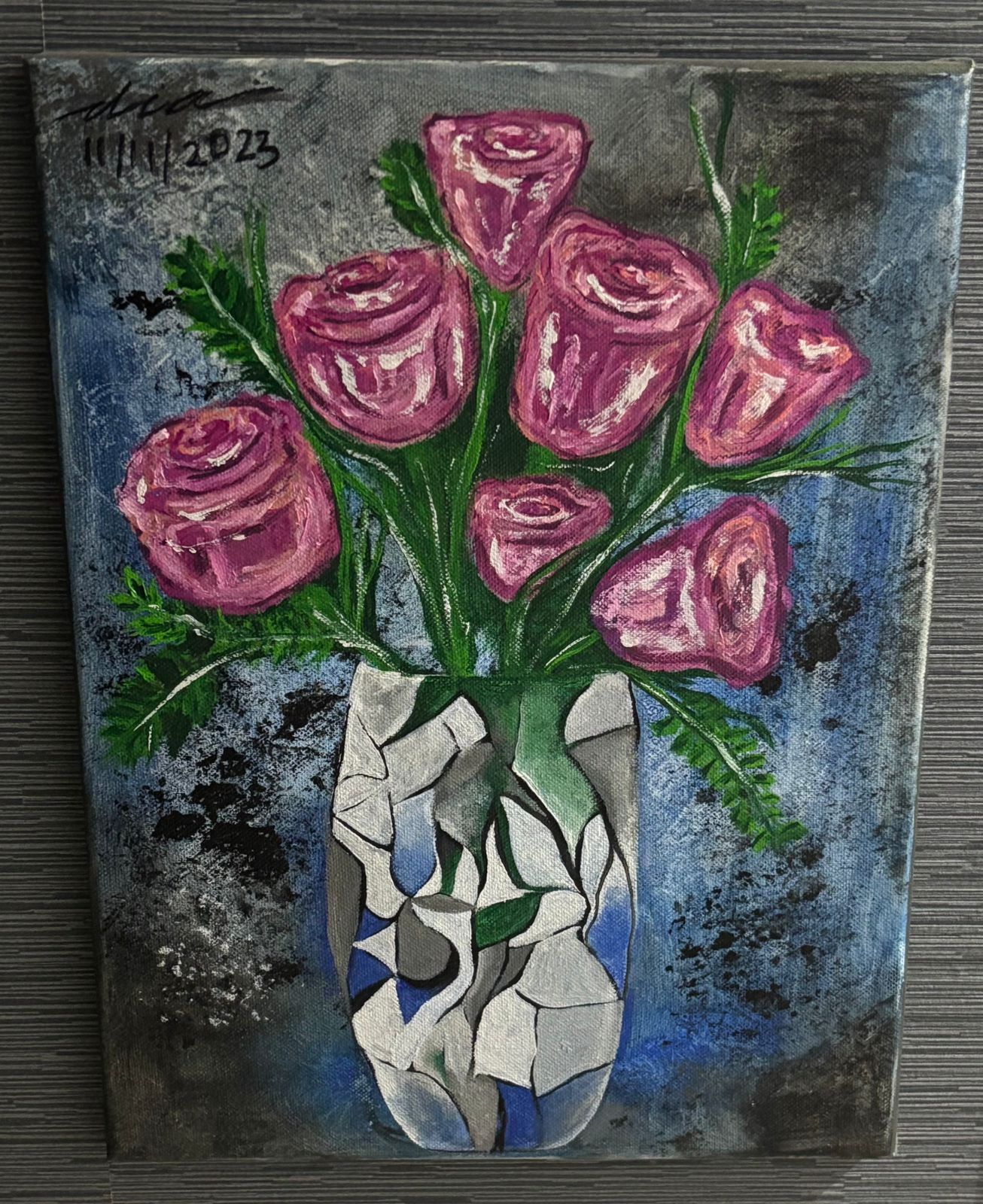 An abstract touch to pink roses by Dia Rajmohan, featuring a vase of pink roses with textured brush strokes