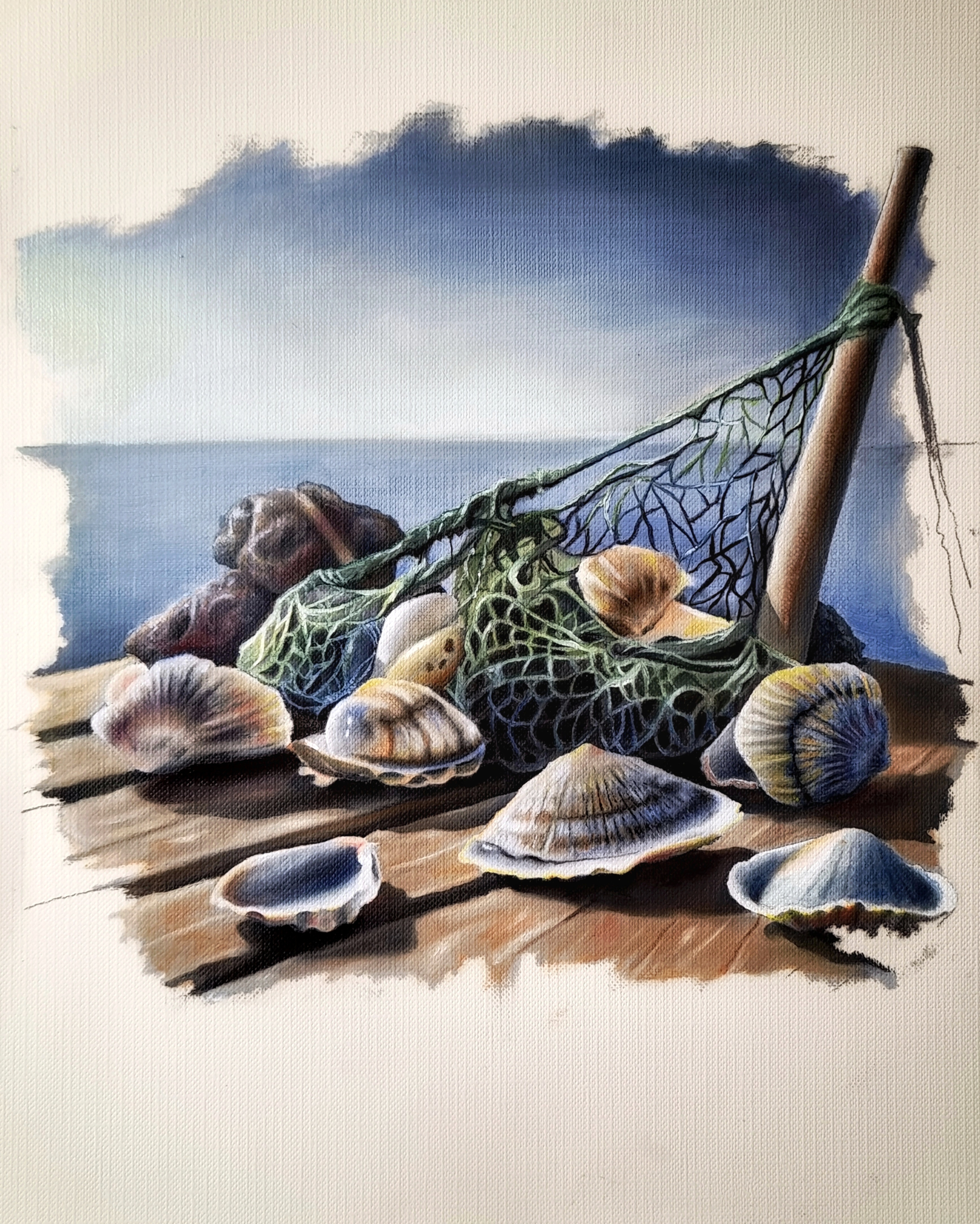 Memory of the Sea 1 by Mohammed Aldarmake, tranquil seaside scene with seashells