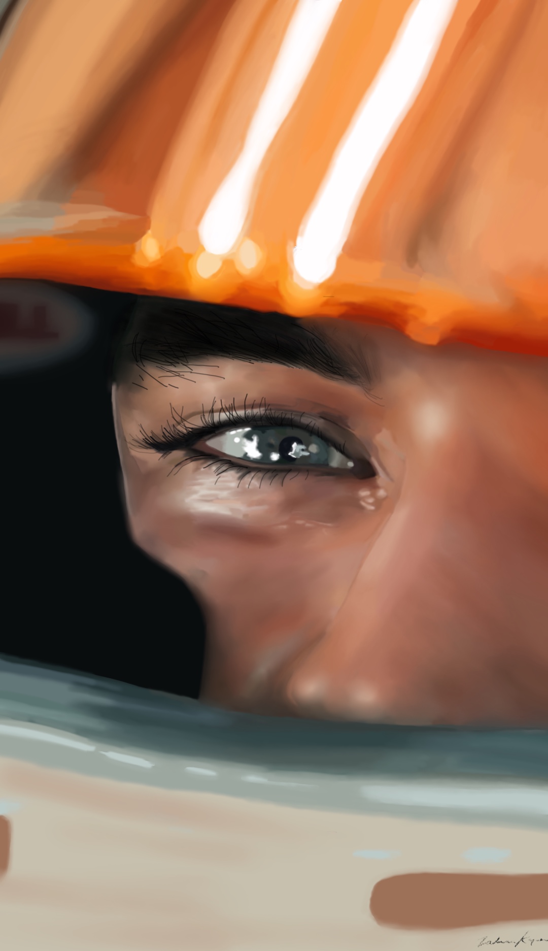 Lando Norris - Eye on the Prize by Zahraa Kajee, close-up eye with orange helmet