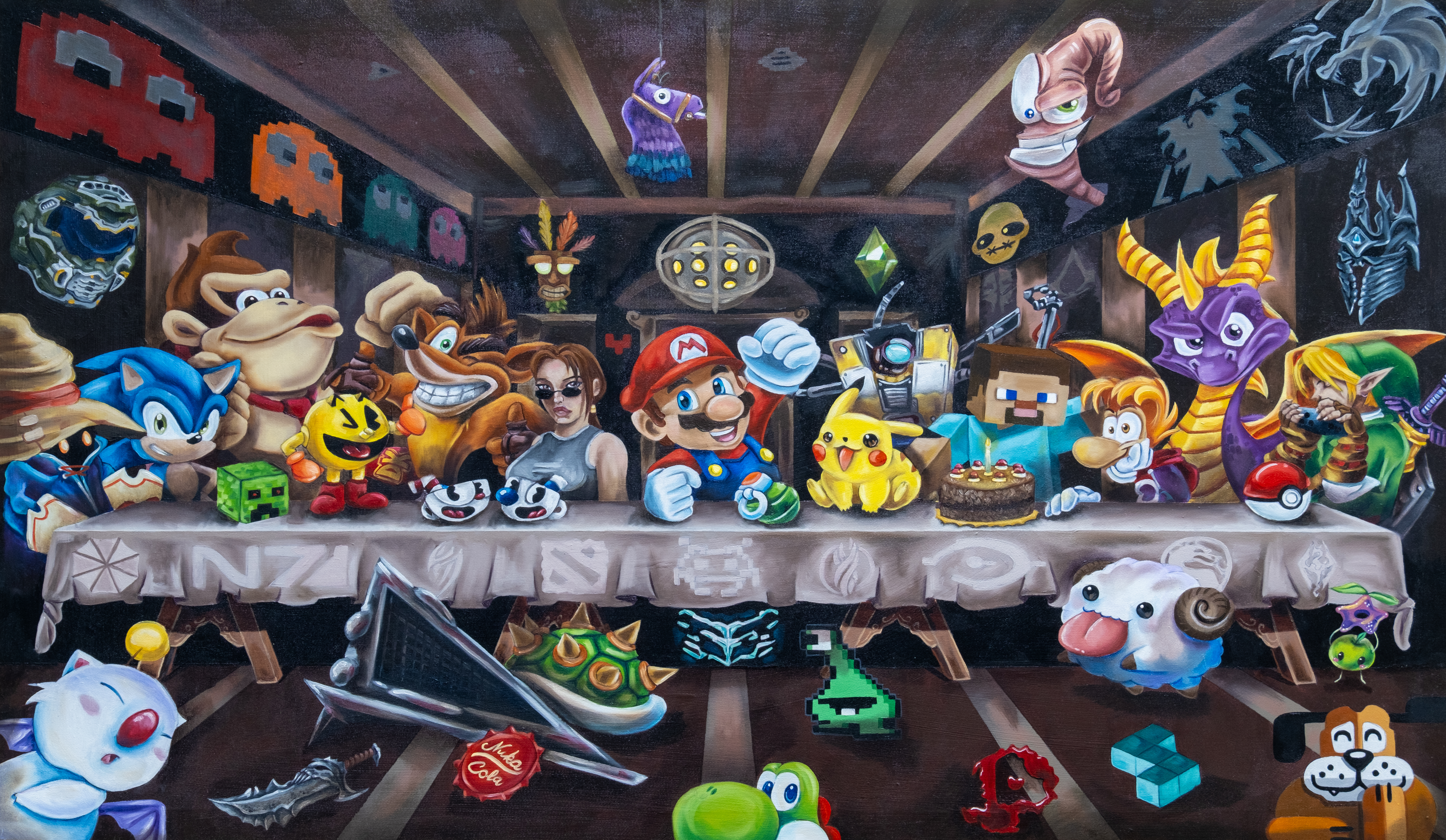 Nostalgic Gamer by Tiffany Baxter, a lively scene with iconic gaming characters