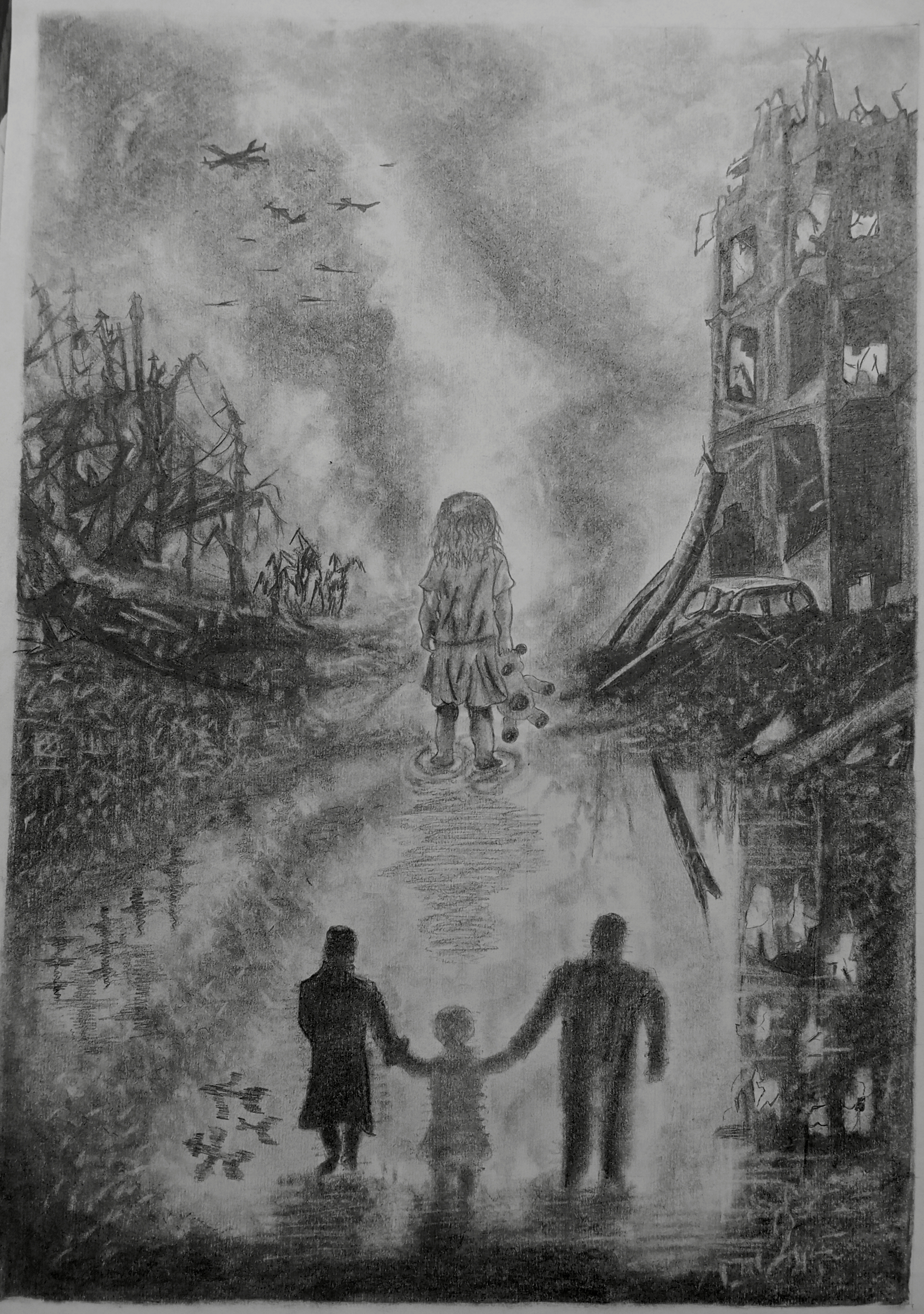 Emotional impact after the war by Ayesha - pencil sketch of post-war scene with a child and family silhouettes