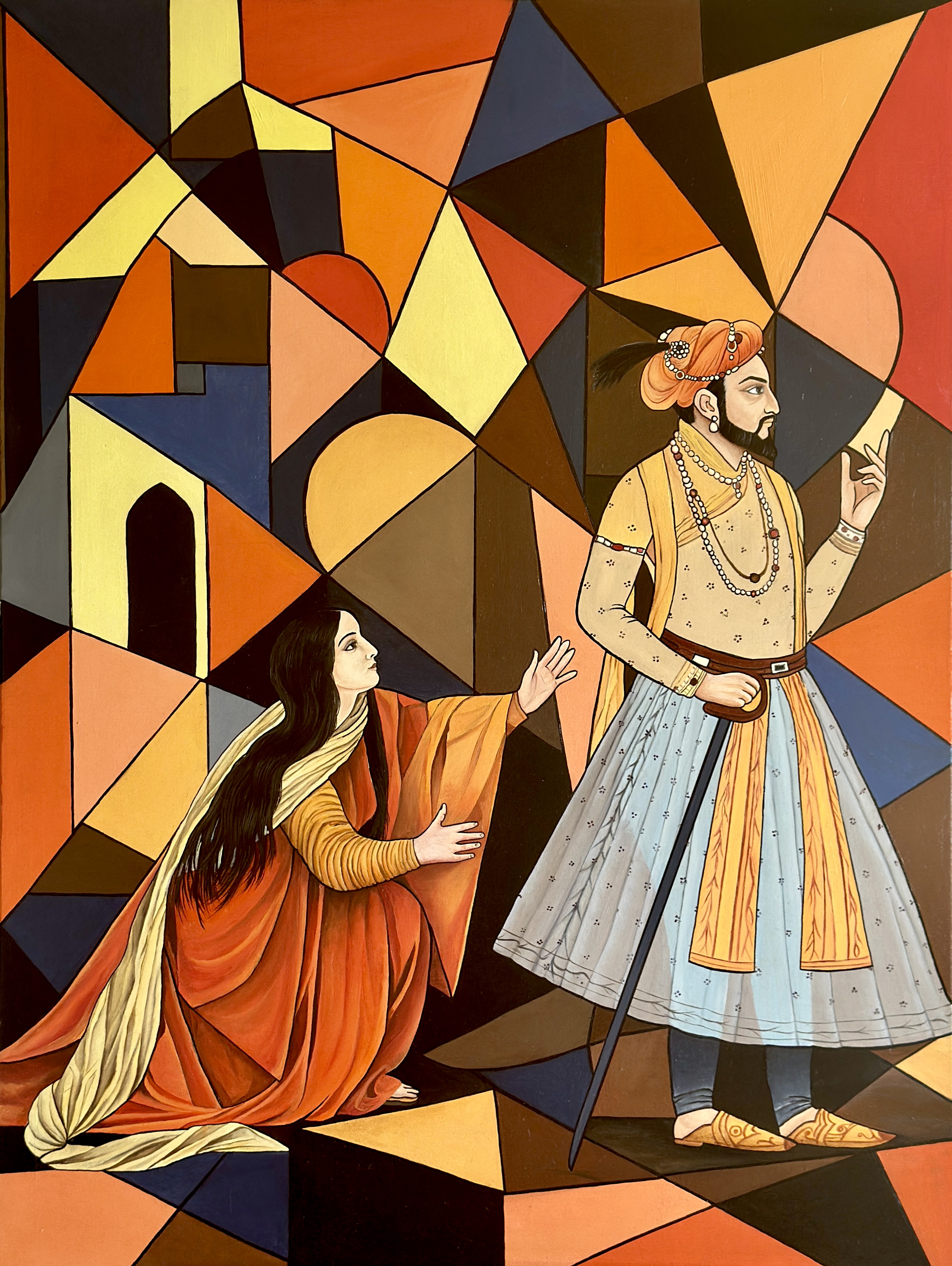 The King and Devotion by Tehmina Tasadduq, depicting a Mughal-inspired royal in a vibrant geometric setting