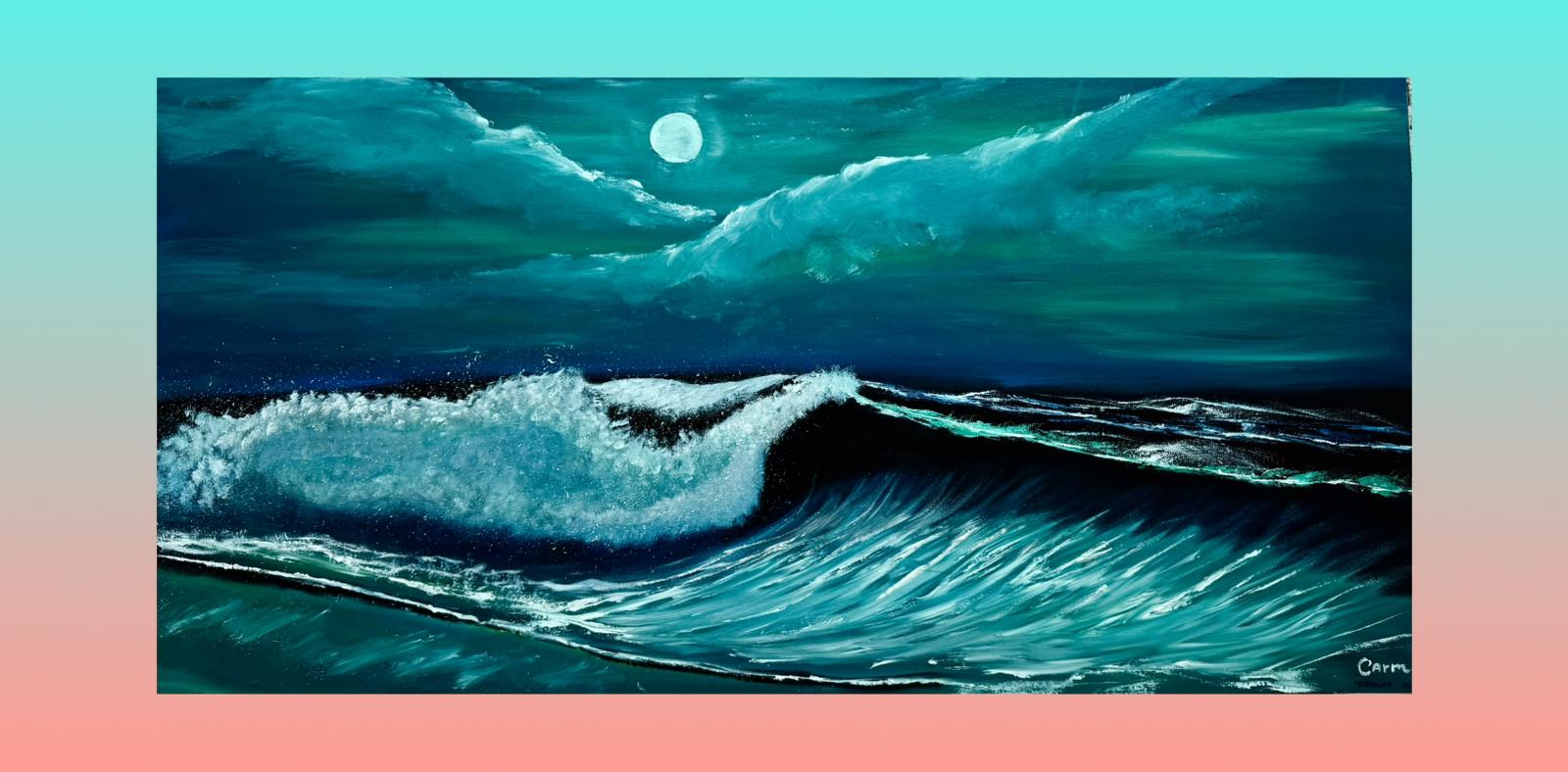 Oil Painting by DongCarm Apas featuring a dynamic seascape under a moonlit sky