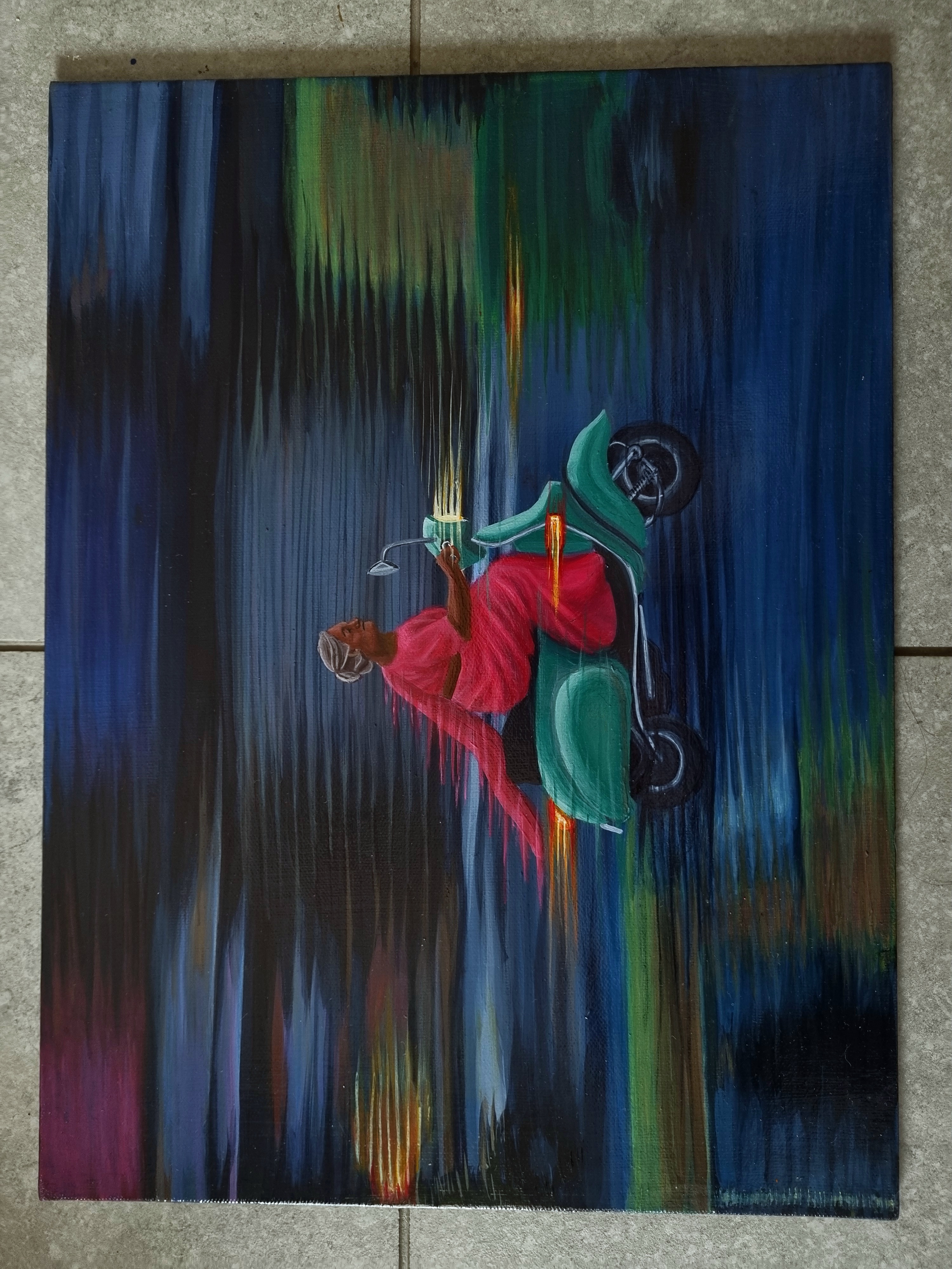 The lady in pink by Nimisha Mukesh Dhakaan, woman on teal scooter in pink dress