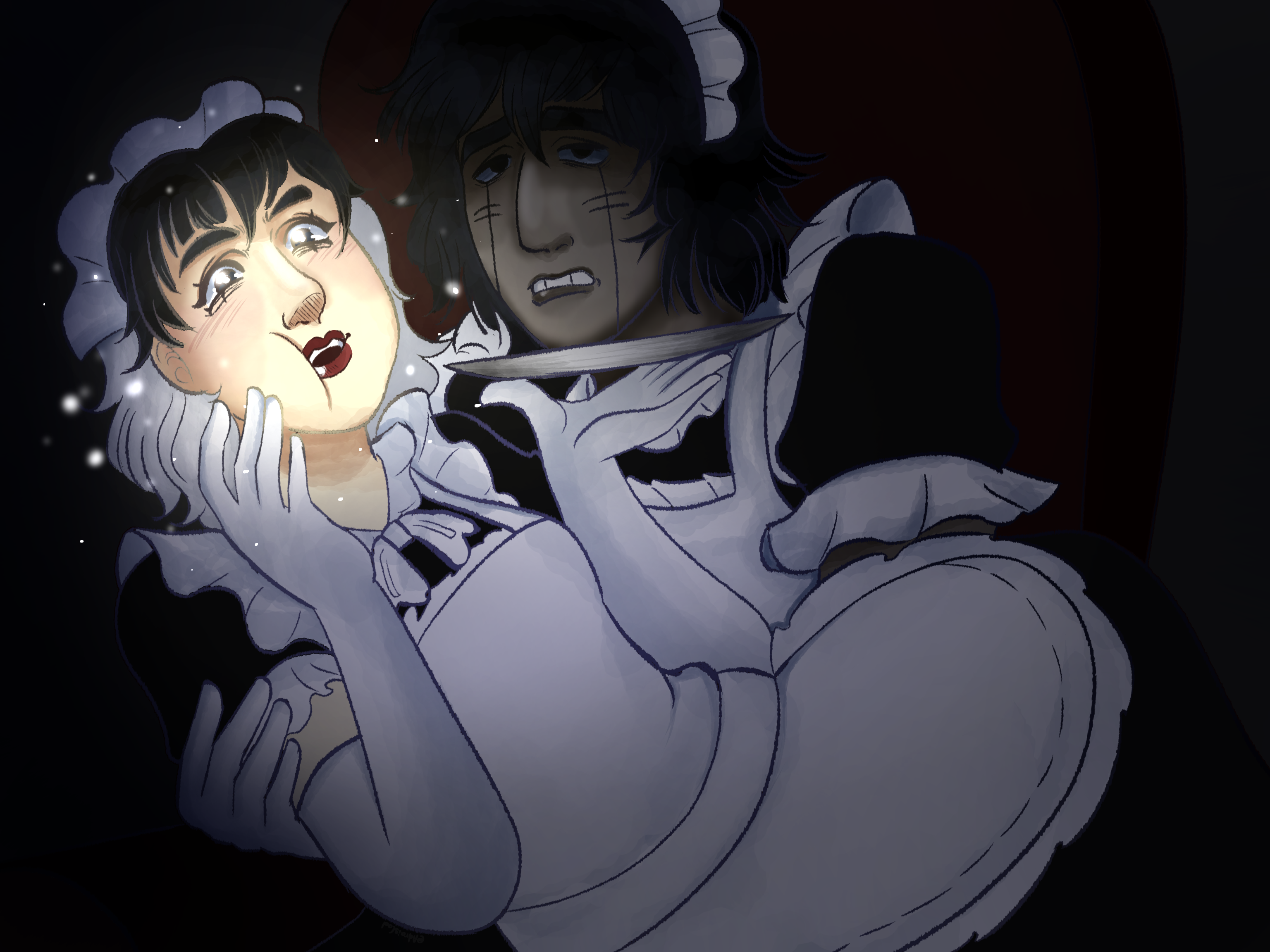 Sweets in The Dark by Adra Qareena, two figures in maid outfits with glowing eyes