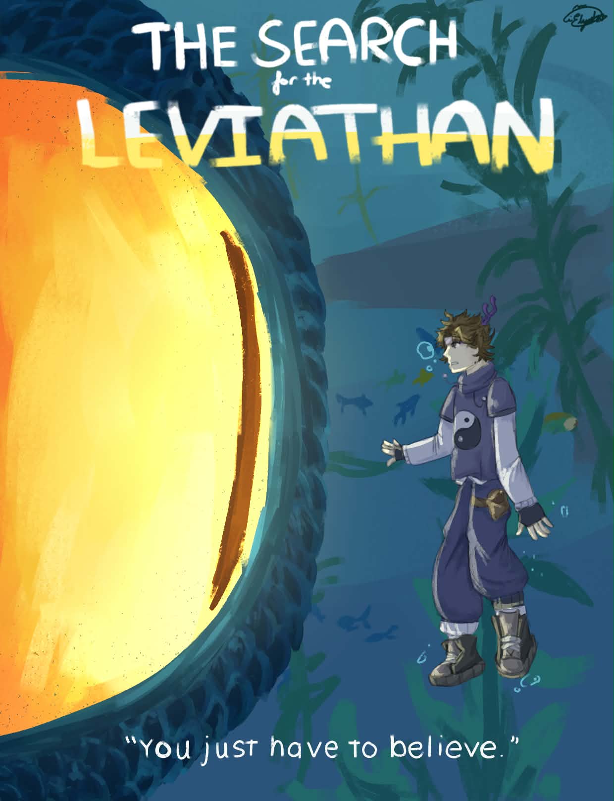 The Search for the Leviathan by Elijah Dennise S. Tirao - person underwater facing a glowing eye