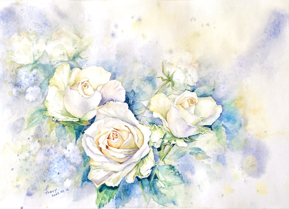 Roses by Qun ( Tracy) Chen - watercolor roses with white petals and green leaves