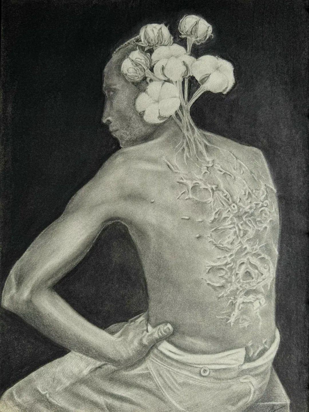 Roots of Cotton by Sivakumaran Dhanushkar, monochromatic figure with cotton plants