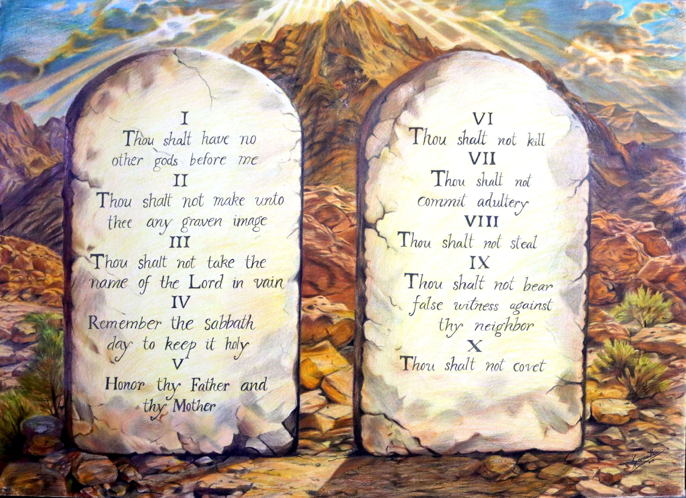 The Ten Commandments by Samantha Calvin Bollipo, featuring stone tablets in a mountainous landscape