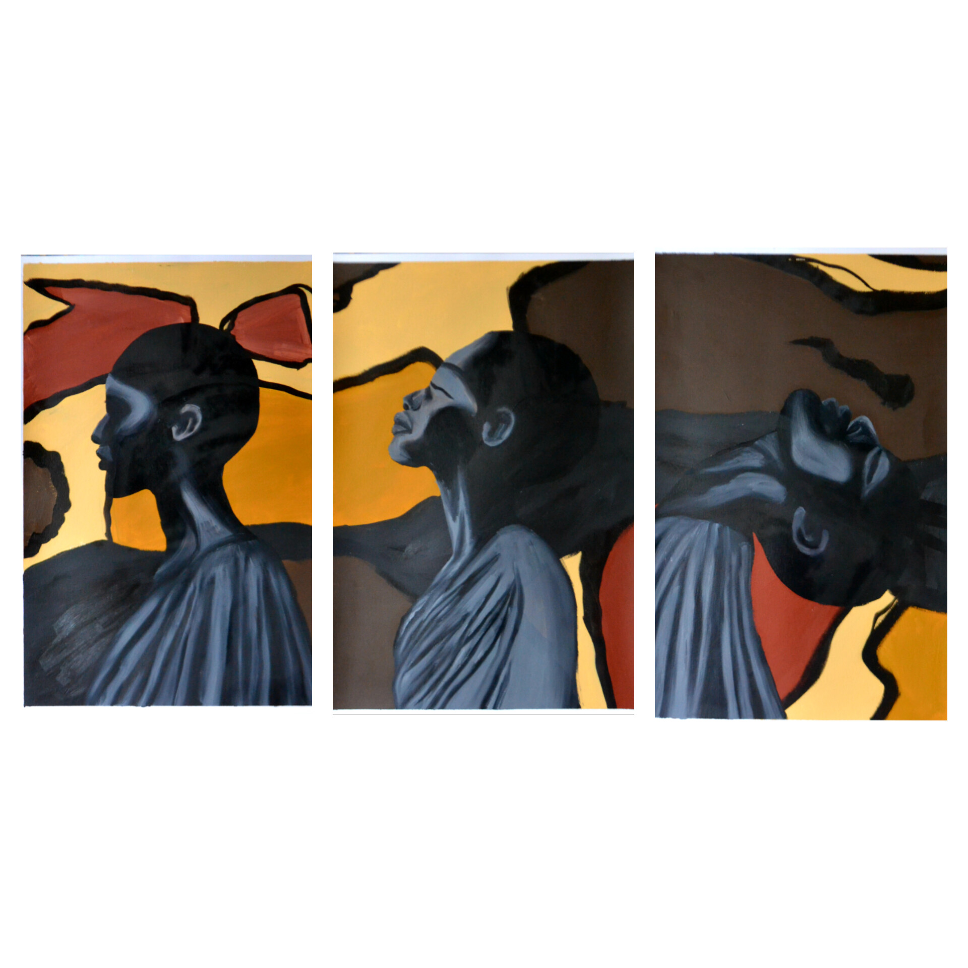 When silence weighs by Anna Mphande, features triptych with monochromatic figures