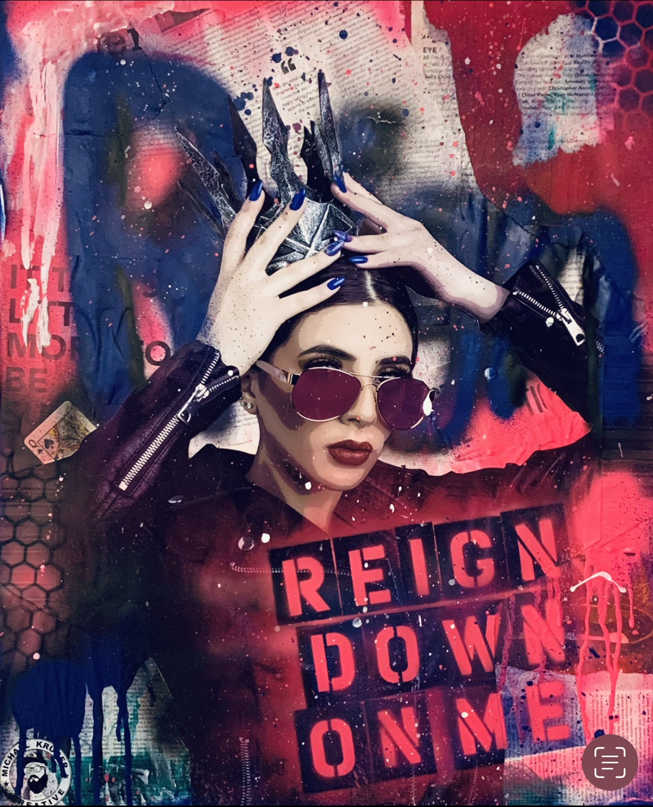REIGN DOWN ON ME by MICHAEL KRUGER, a dynamic and vibrant artwork featuring a central figure with a metallic crown