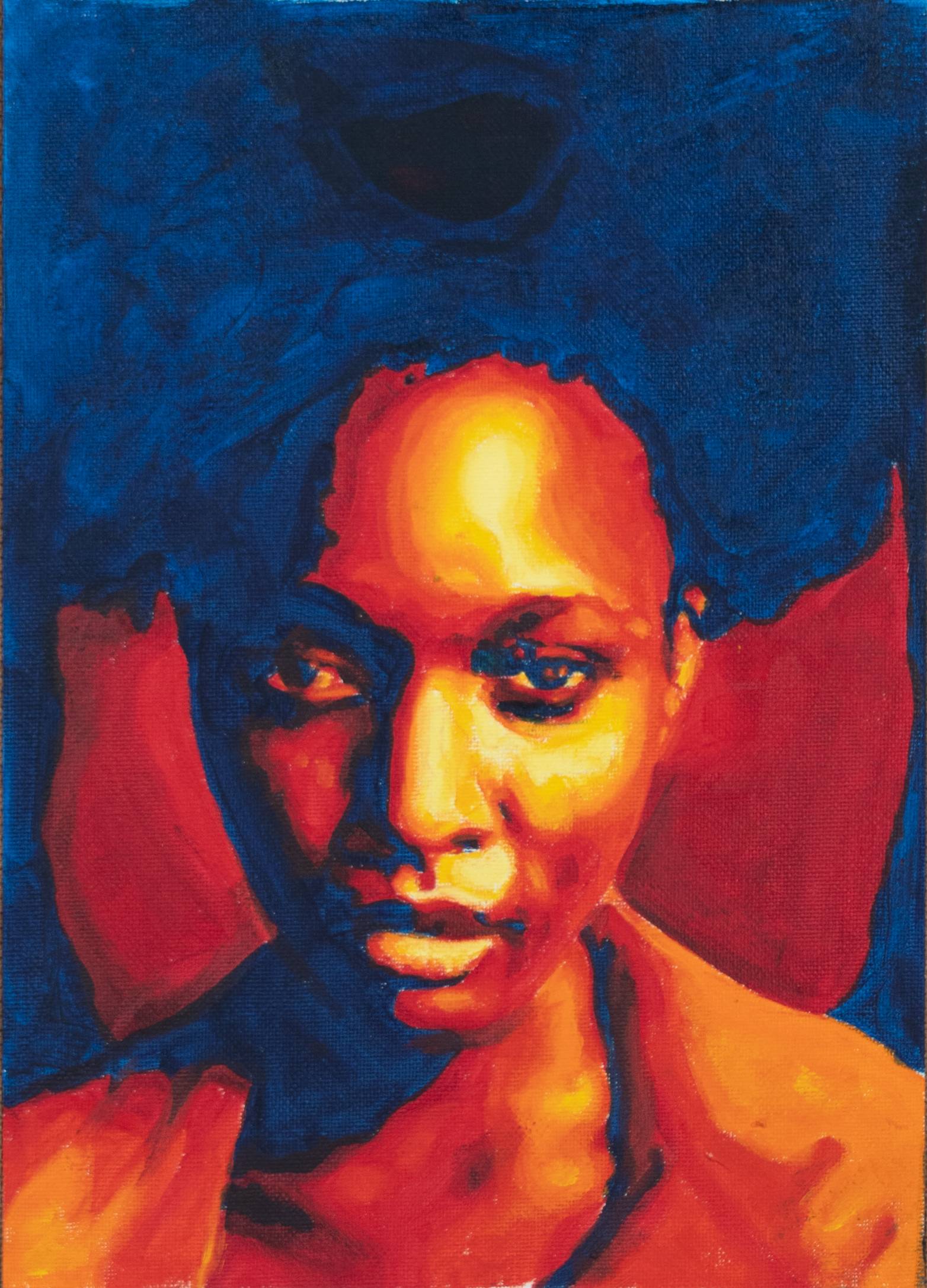 PP05 by Ayn Zijlstra, portrait with deep blues and bright reds