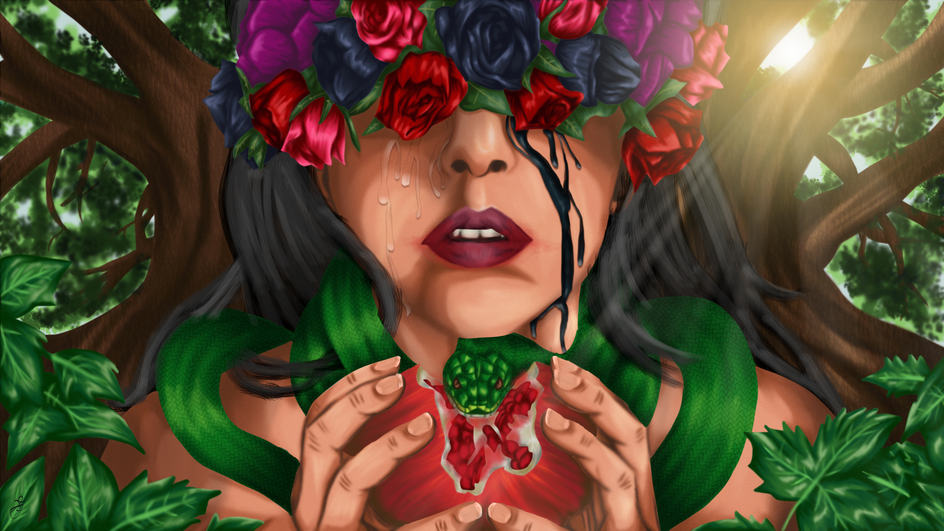 First Sin and the downfall of Eve by Savannah Tesselaar, features a central female figure with vibrant roses over her eyes against lush greenery