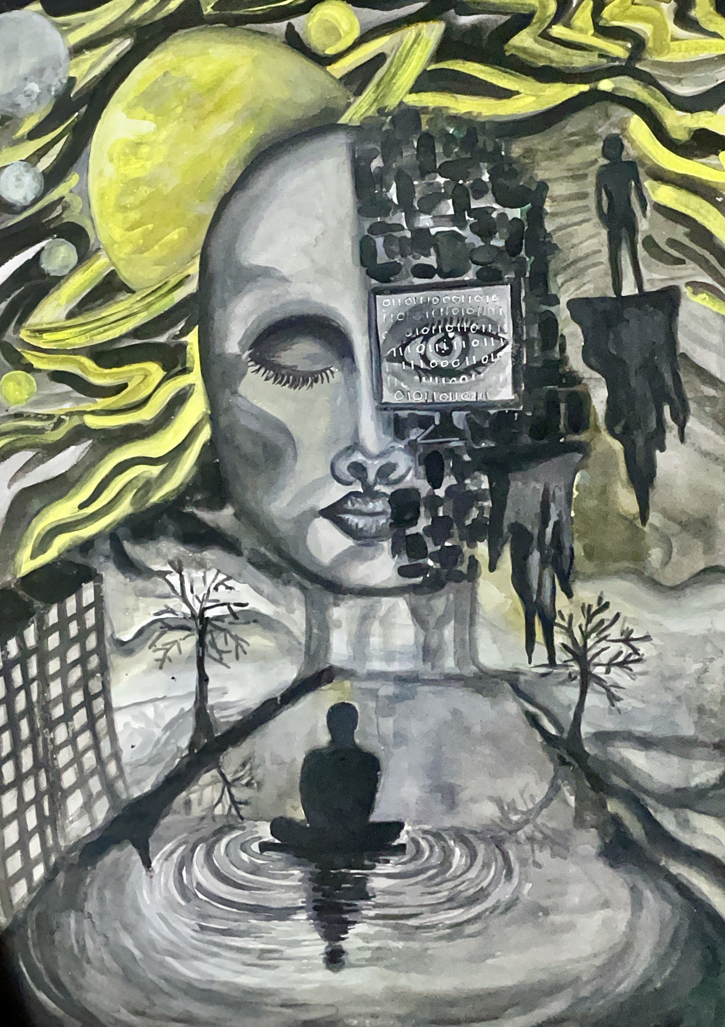 The Digital Ghost by Piyumi Dimesha, surreal face with sun and human figures