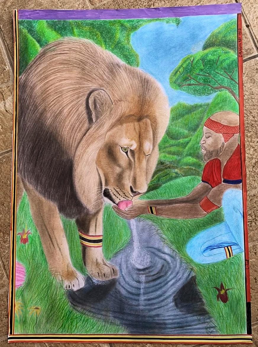 Lion and a man in the stream by Linathi Lugomo, a powerful lion drinks from a stream alongside a man
