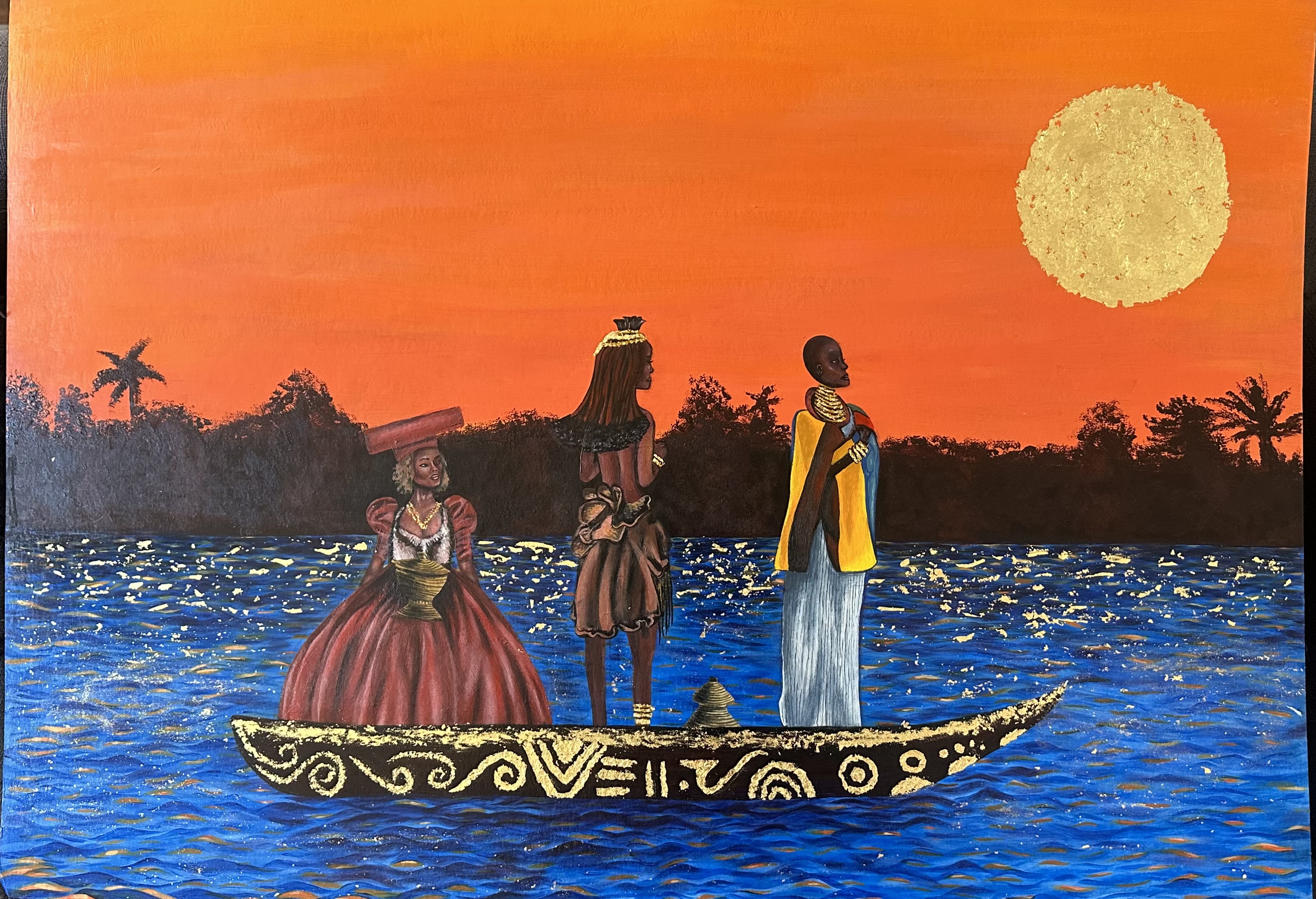 Women from the South by Joëlle Nuulimba - three women in a boat under an orange-red sky